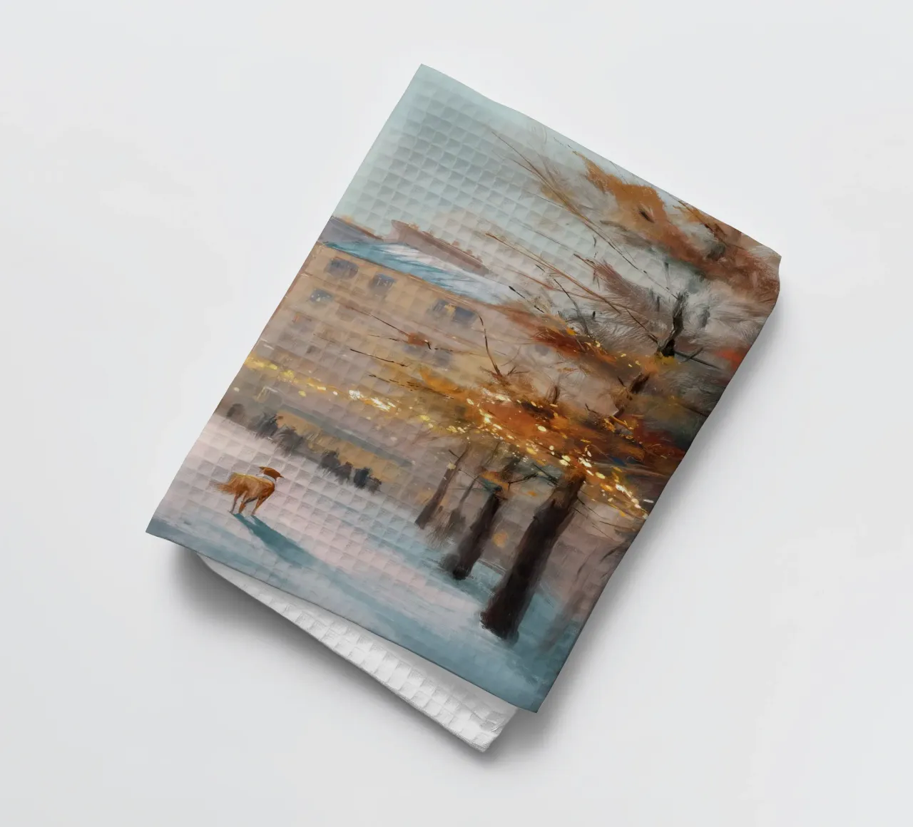 Paris Café In Winter Snow With Dog And Eiffel Tower View torchon de Holiday Hearth Prints