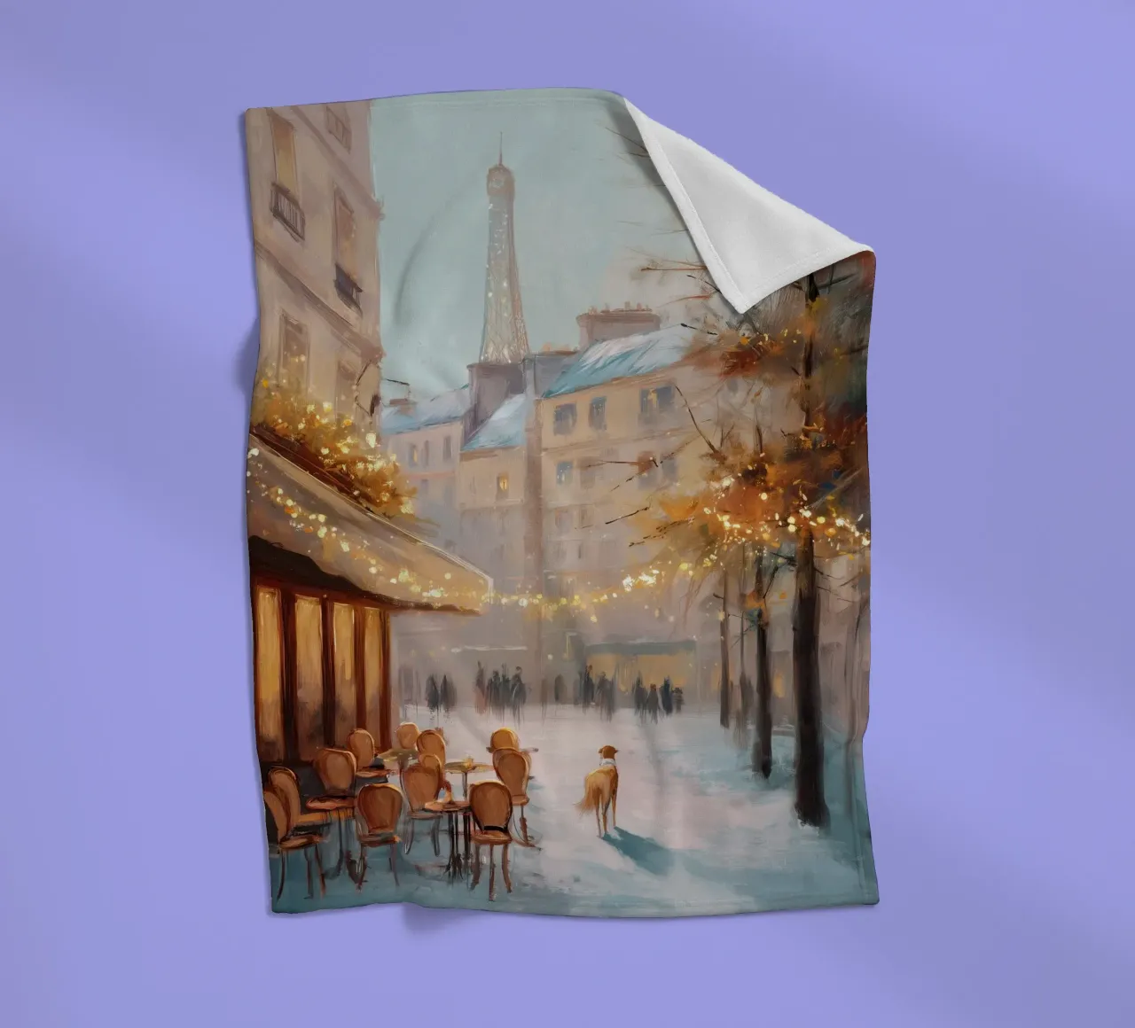 Caffè di Parigi nella neve invernale con cane e vista sulla Torre Eiffel coperta in pile da Holiday Hearth Prints