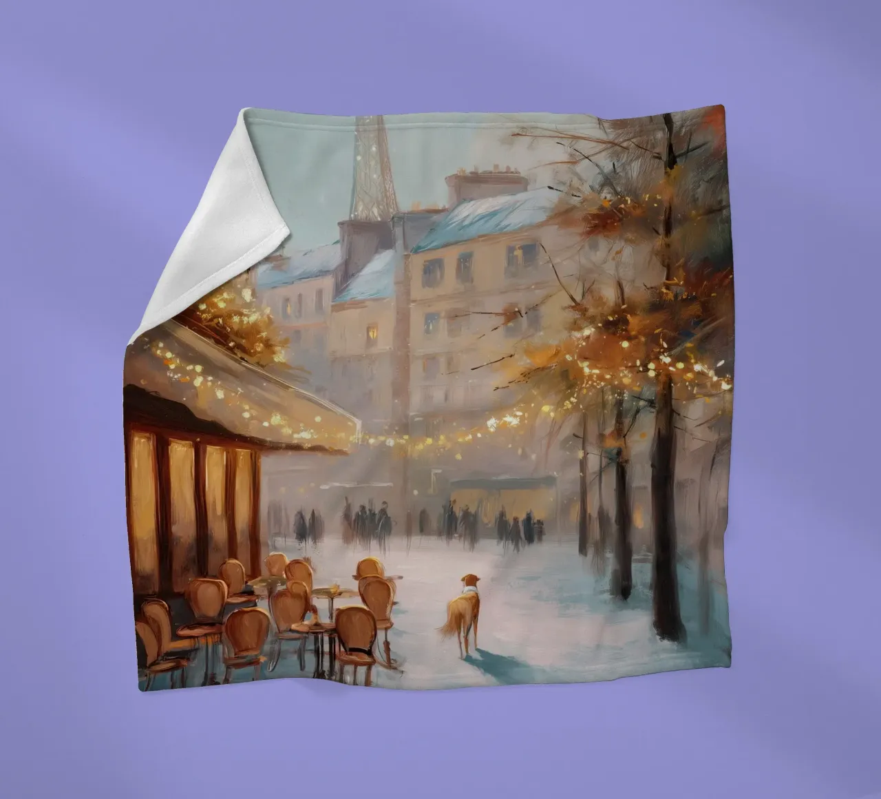 Caffè di Parigi nella neve invernale con cane e vista sulla Torre Eiffel coperta in pile da Holiday Hearth Prints