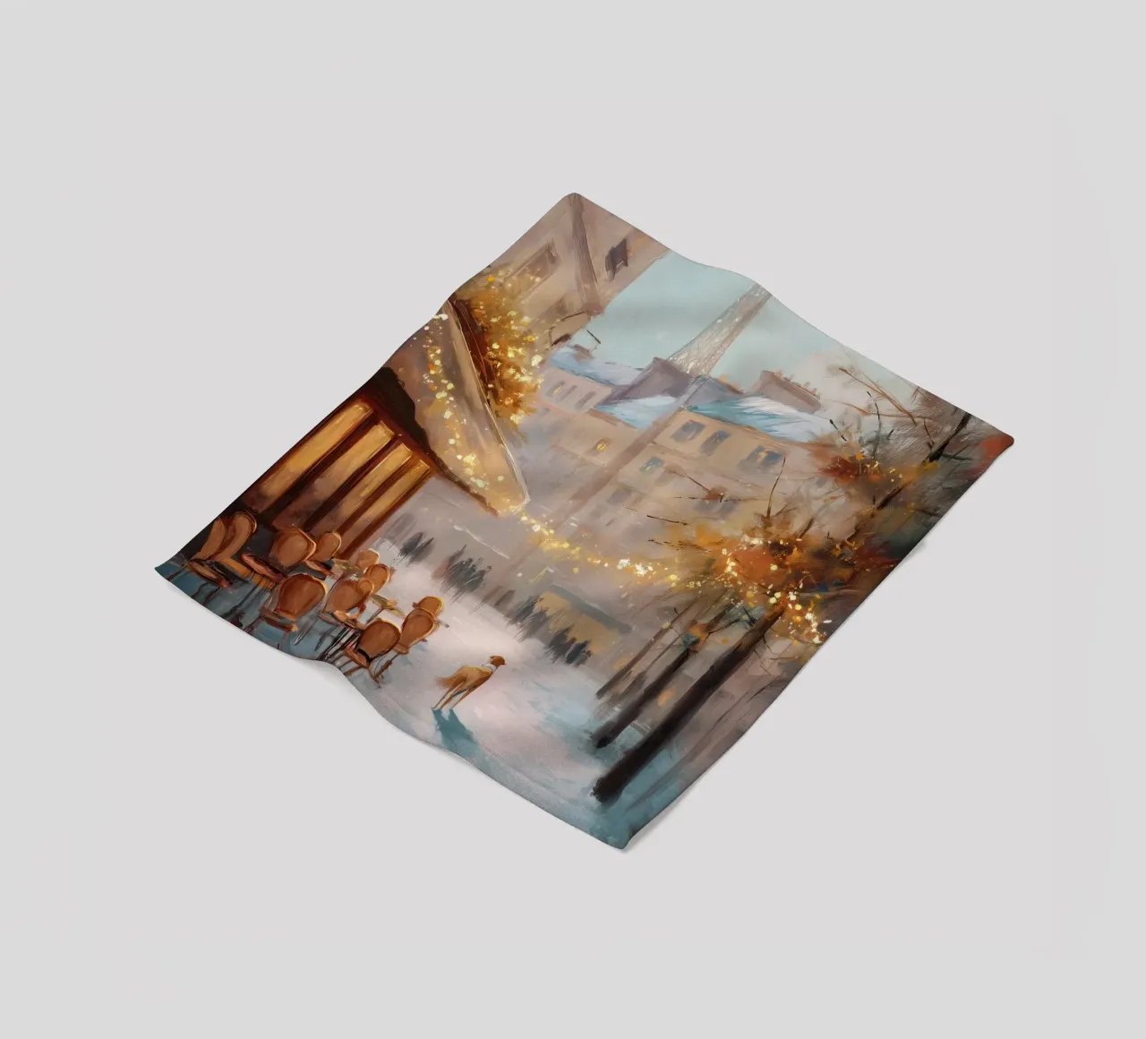 Caffè di Parigi nella neve invernale con cane e vista sulla Torre Eiffel coperta in pile da Holiday Hearth Prints