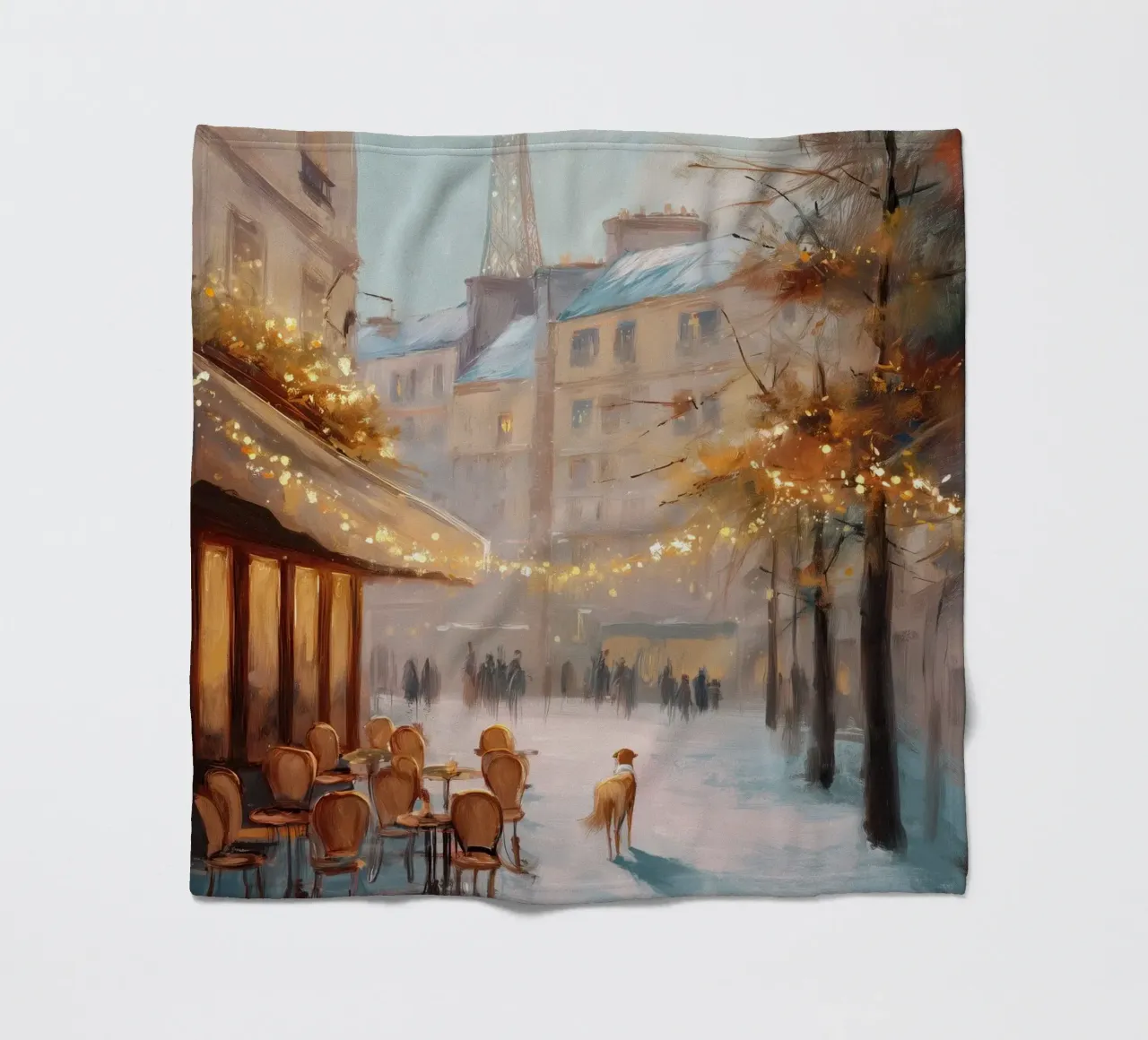 Caffè di Parigi nella neve invernale con cane e vista sulla Torre Eiffel coperta in pile da Holiday Hearth Prints