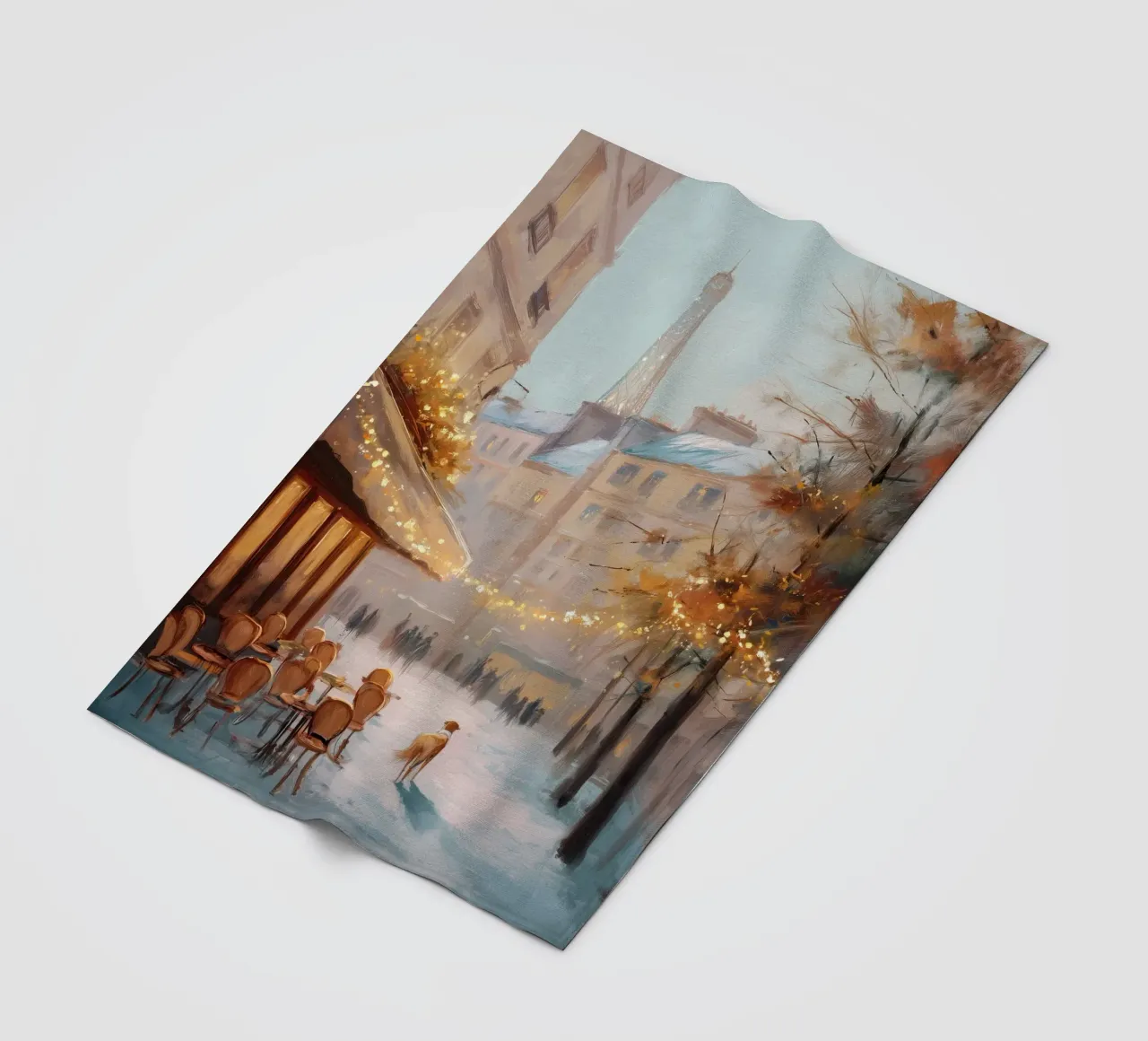 Caffè di Parigi nella neve invernale con cane e vista sulla Torre Eiffel coperta in pile da Holiday Hearth Prints