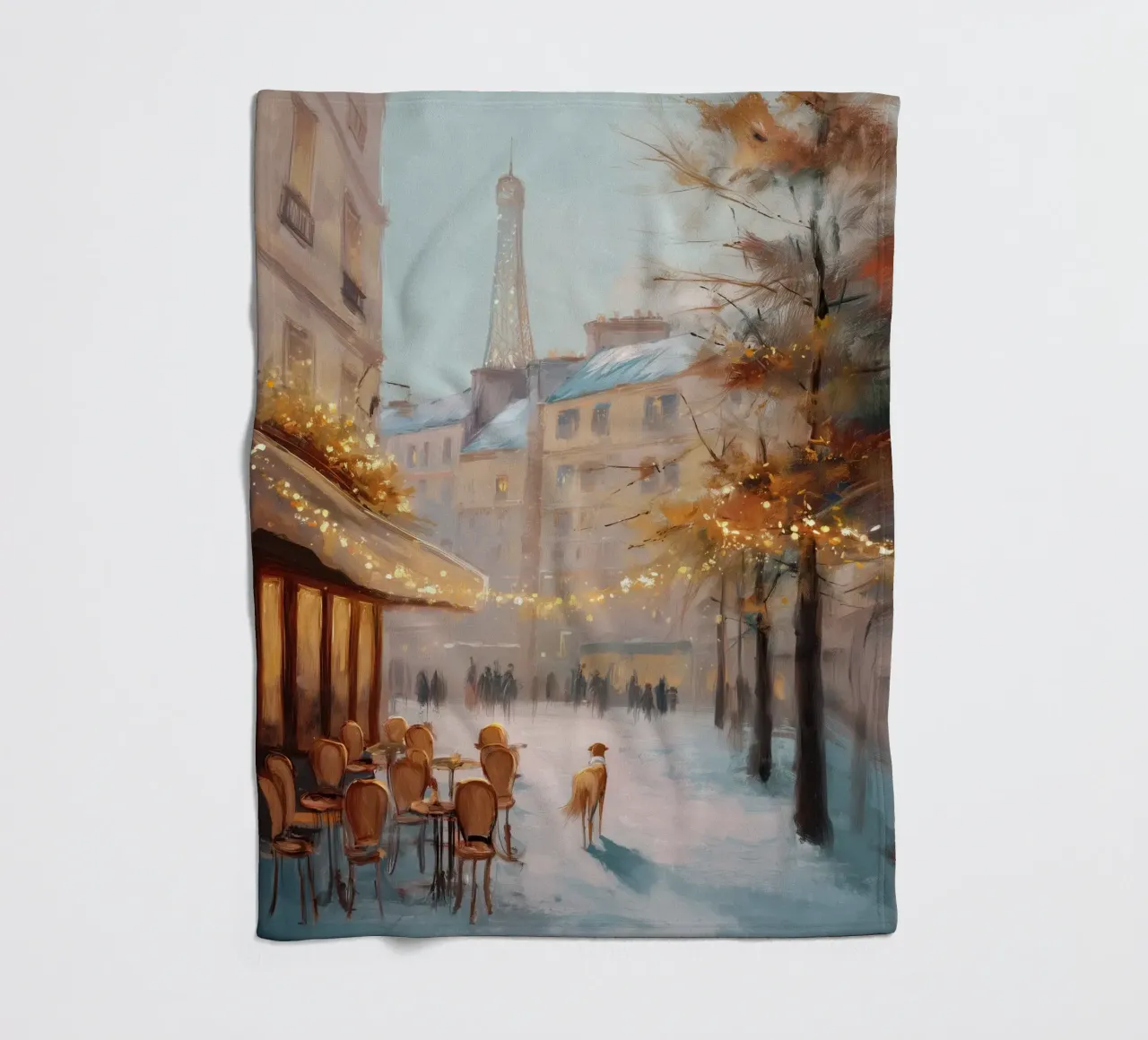 Caffè di Parigi nella neve invernale con cane e vista sulla Torre Eiffel coperta in pile da Holiday Hearth Prints
