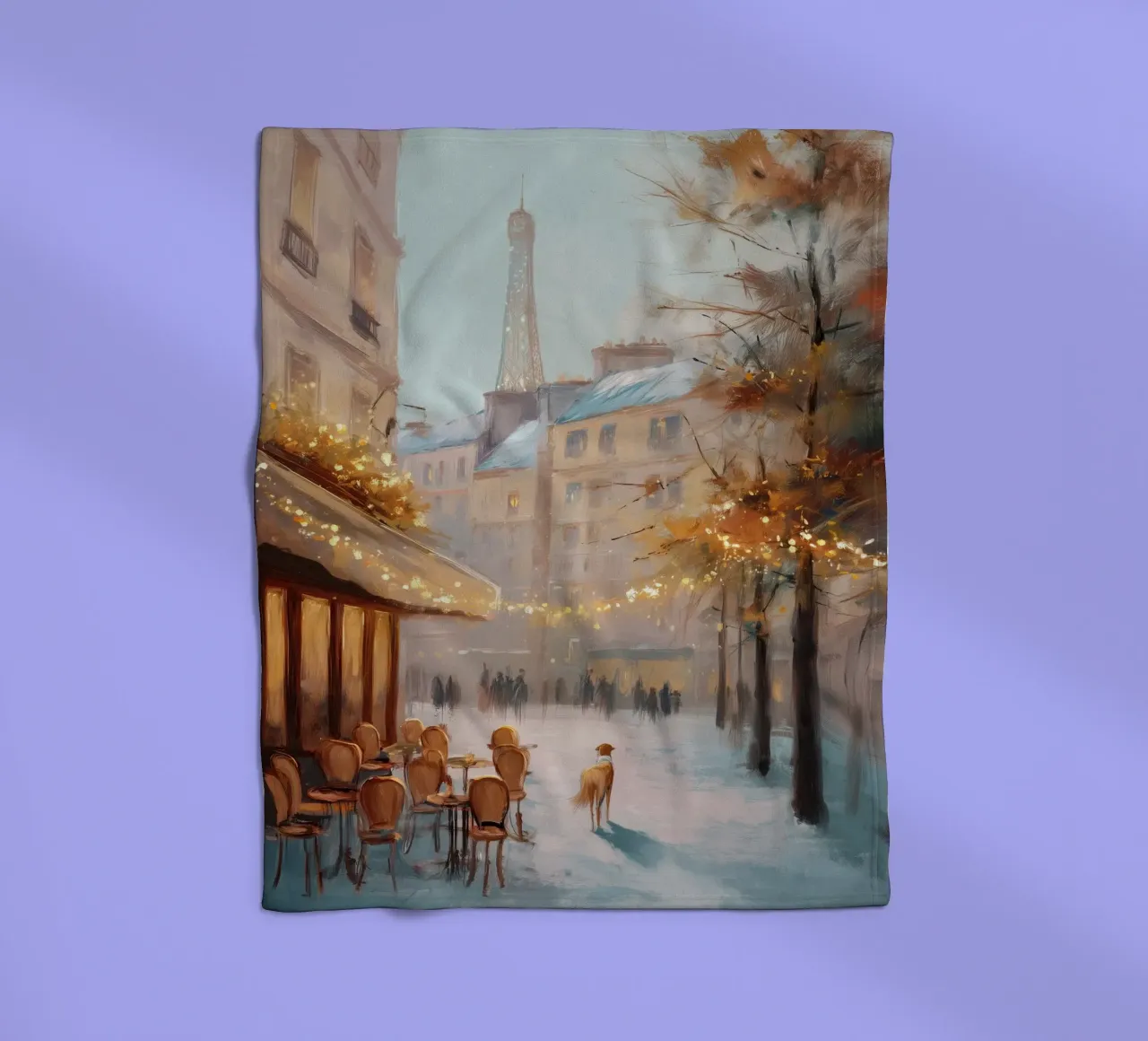 Caffè di Parigi nella neve invernale con cane e vista sulla Torre Eiffel coperta in pile da Holiday Hearth Prints