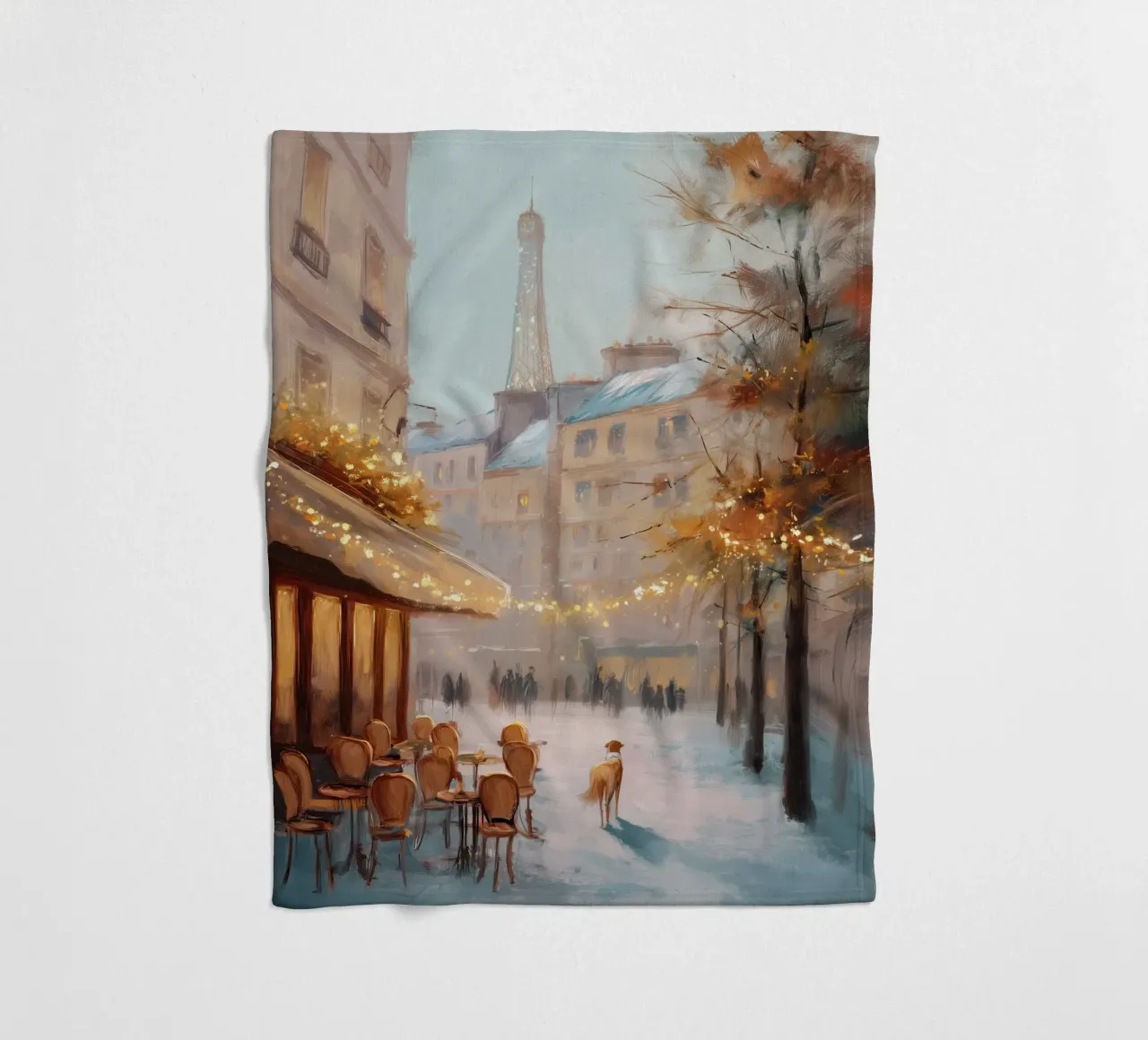 Caffè di Parigi nella neve invernale con cane e vista sulla Torre Eiffel coperta in pile da Holiday Hearth Prints