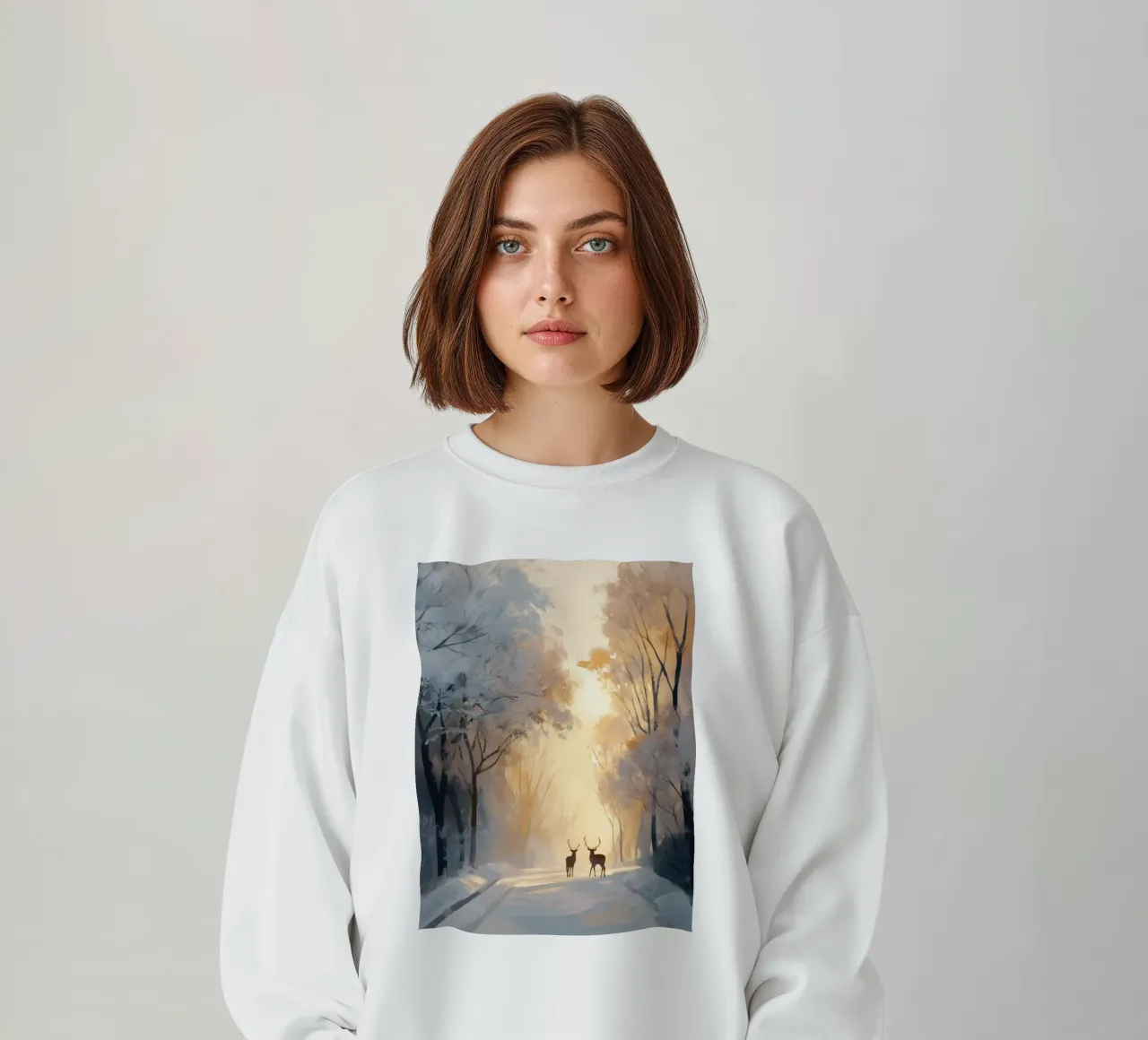 Sentiero invernale dorato con due cervi all'alba felpa da Holiday Hearth Prints