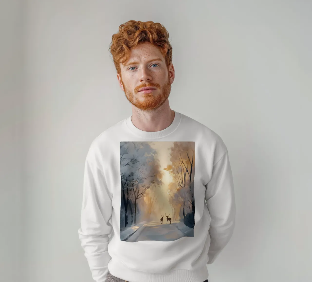 Sentiero invernale dorato con due cervi all'alba felpa da Holiday Hearth Prints