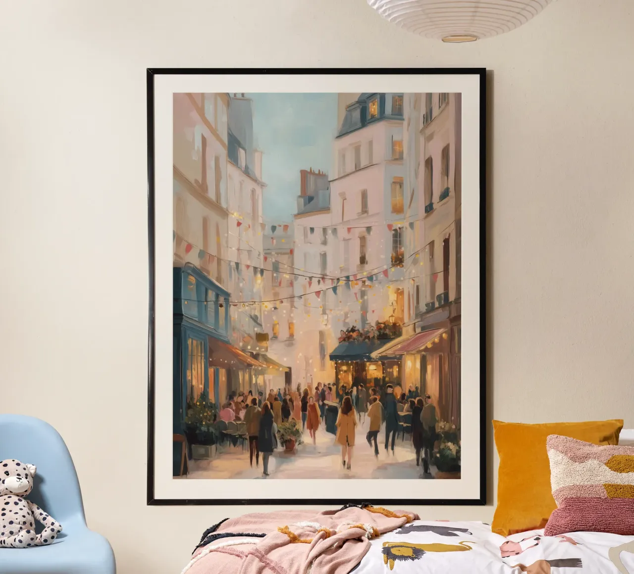 Romantic Paris Street Scene With Cafés and Golden Lights poster by Holiday Hearth Prints