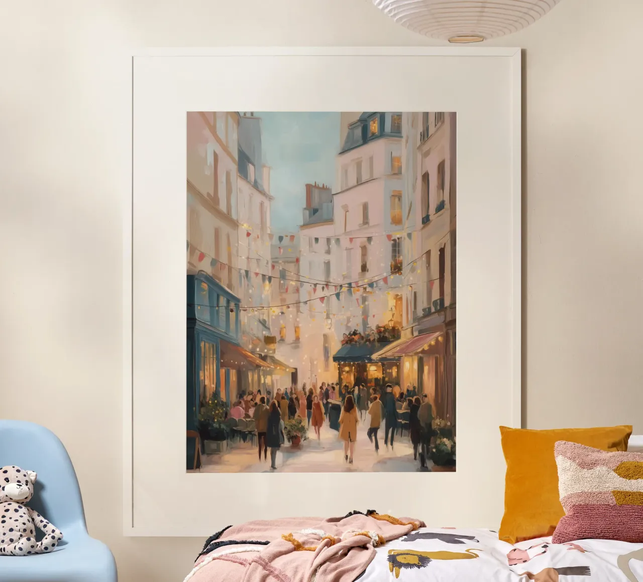 Romantic Paris Street Scene With Cafés and Golden Lights poster by Holiday Hearth Prints