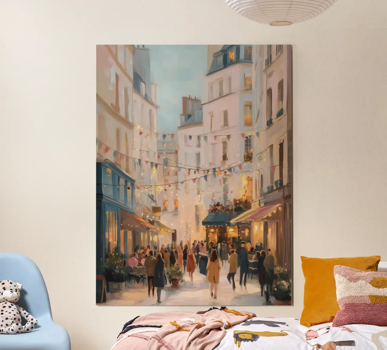 Romantic Paris Street Scene With Cafés and Golden Lights poster by Holiday Hearth Prints
