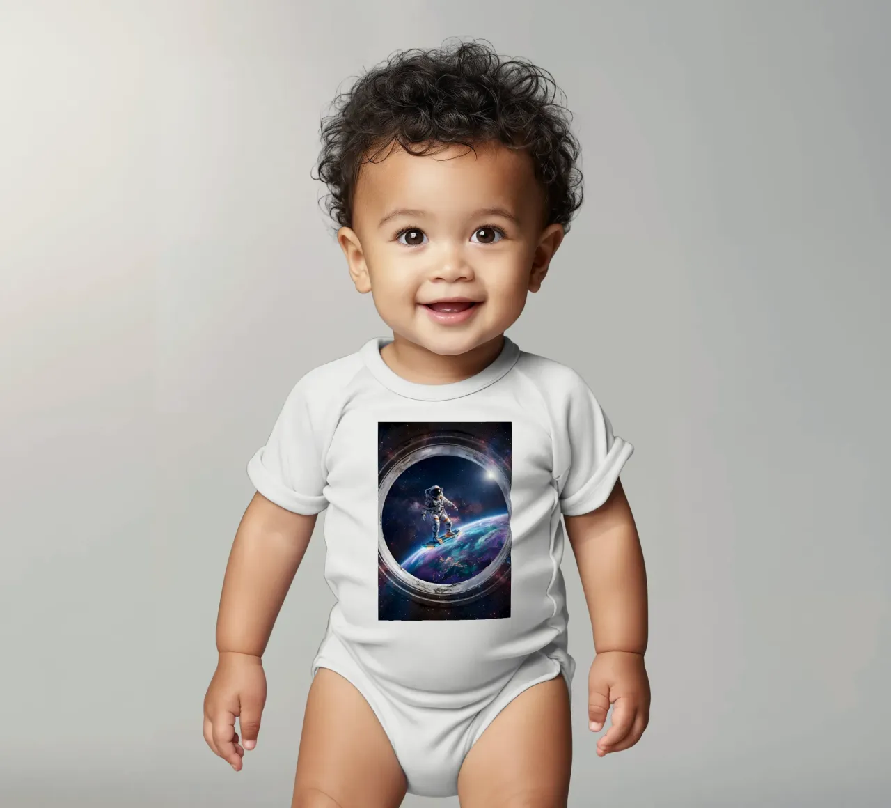 Astronaut Hoverboard in Space – Futuristic Sci-Fi Art Print short-sleeve baby romper by Dreamspace Visuals