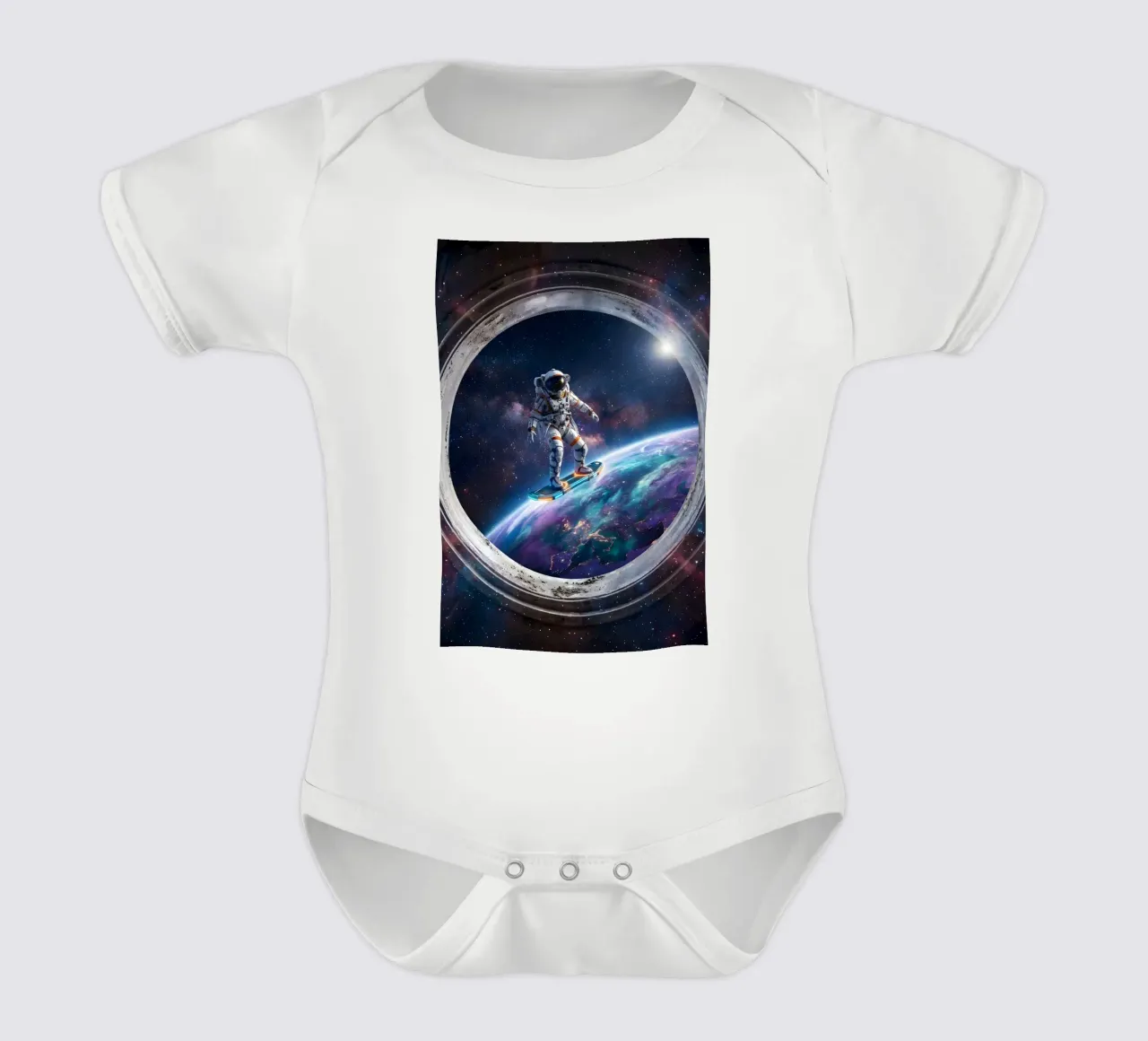 Astronaut Hoverboard in Space – Futuristic Sci-Fi Art Print short-sleeve baby romper by Dreamspace Visuals