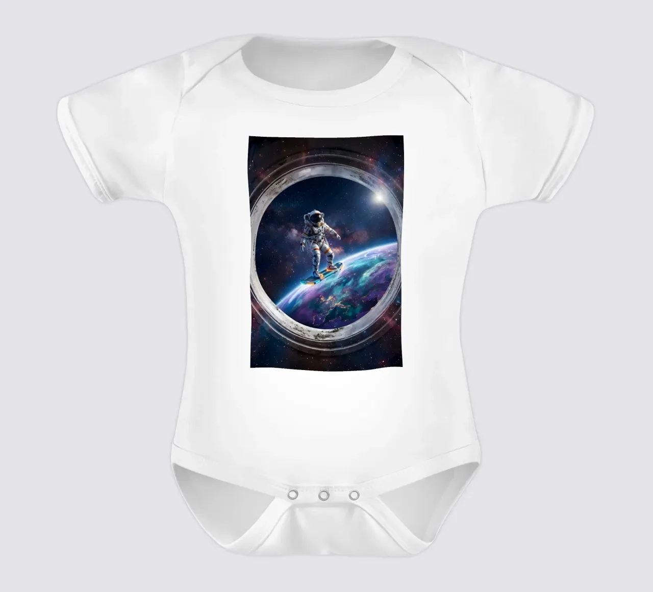 Astronaut Hoverboard in Space – Futuristic Sci-Fi Art Print short-sleeve baby romper by Dreamspace Visuals