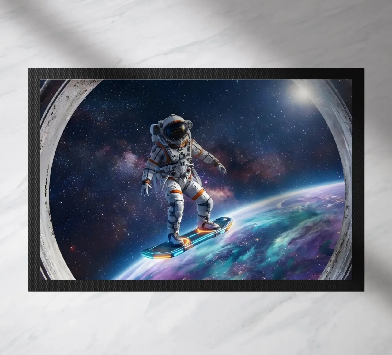 Astronaut Hoverboard in Space – Futuristic Sci-Fi Art Print doormat by Dreamspace Visuals