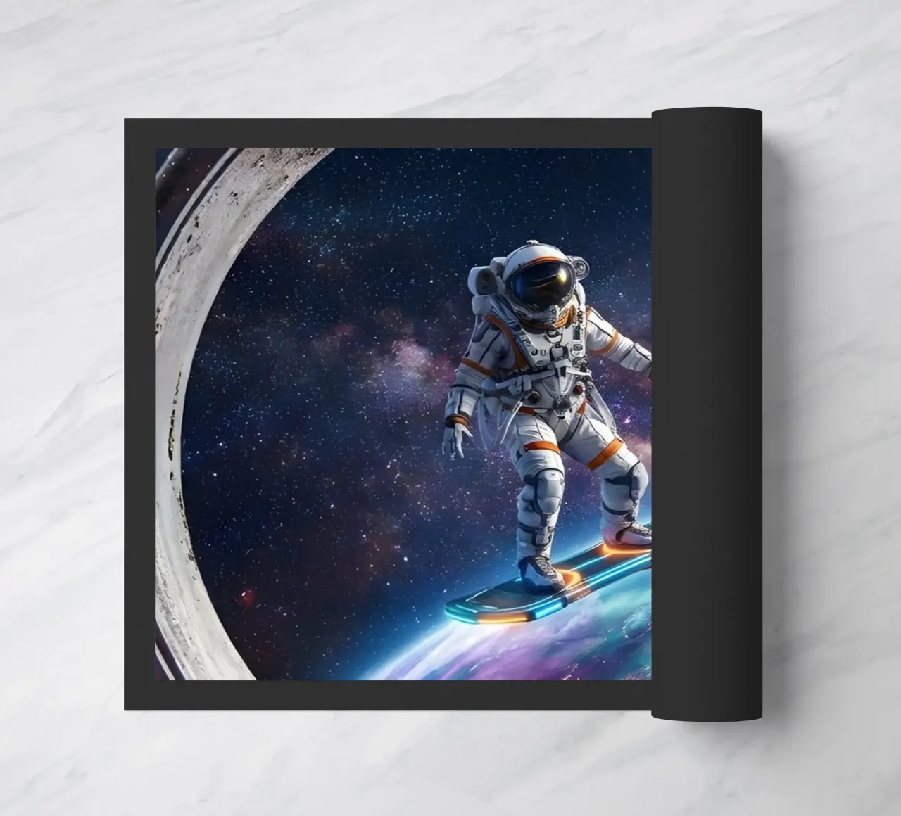 Astronaut Hoverboard in Space – Futuristic Sci-Fi Art Print doormat by Dreamspace Visuals