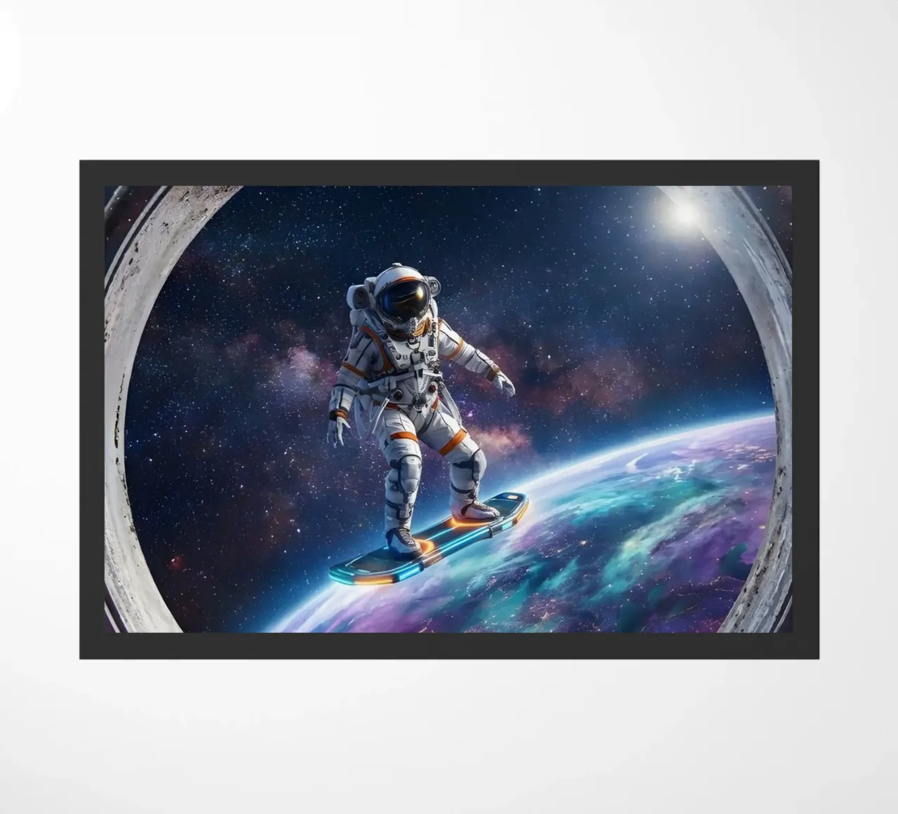 Astronaut Hoverboard in Space – Futuristic Sci-Fi Art Print doormat by Dreamspace Visuals