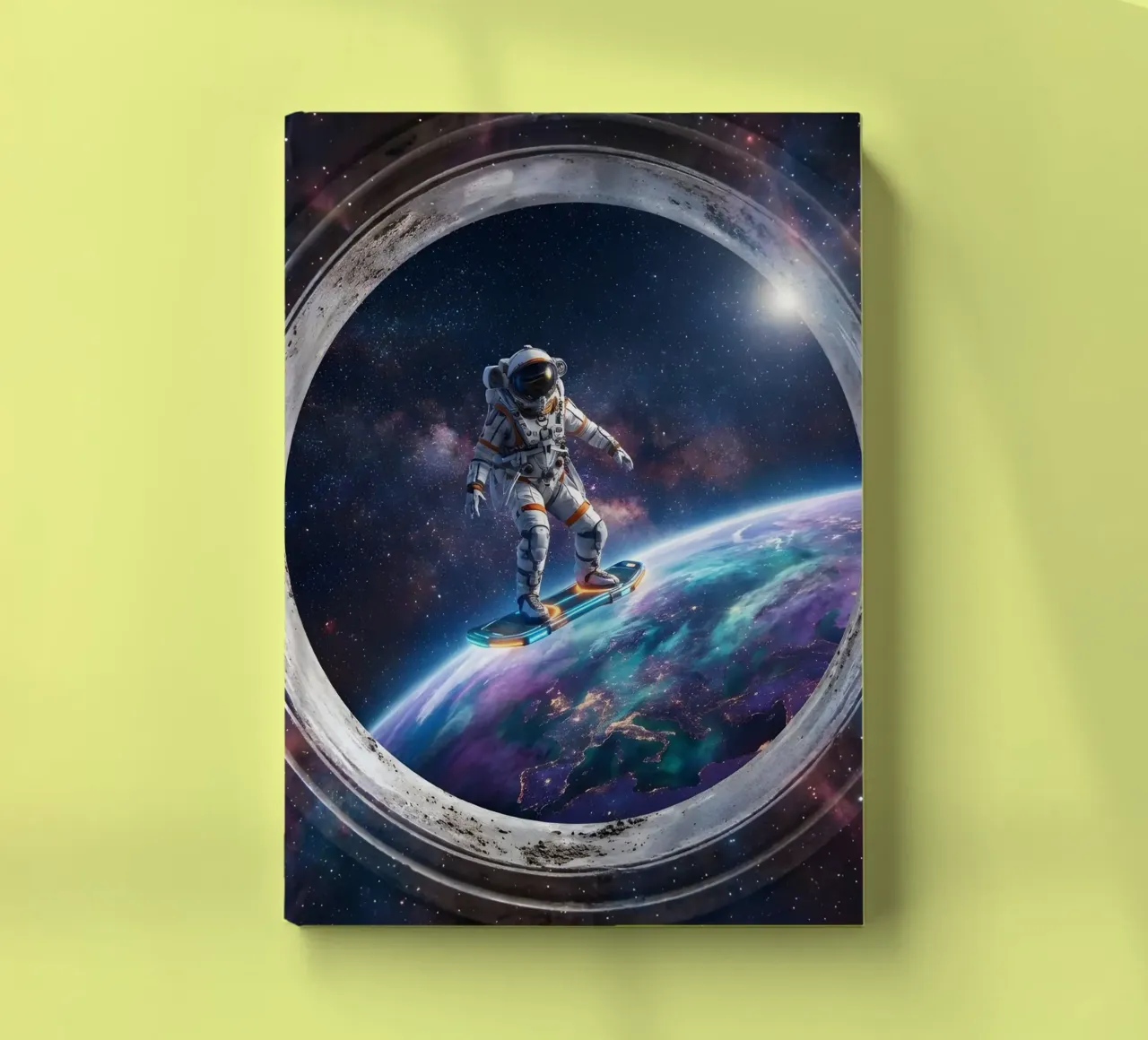 Astronaut Hoverboard in Space – Futuristic Sci-Fi Art Print notebook by Dreamspace Visuals