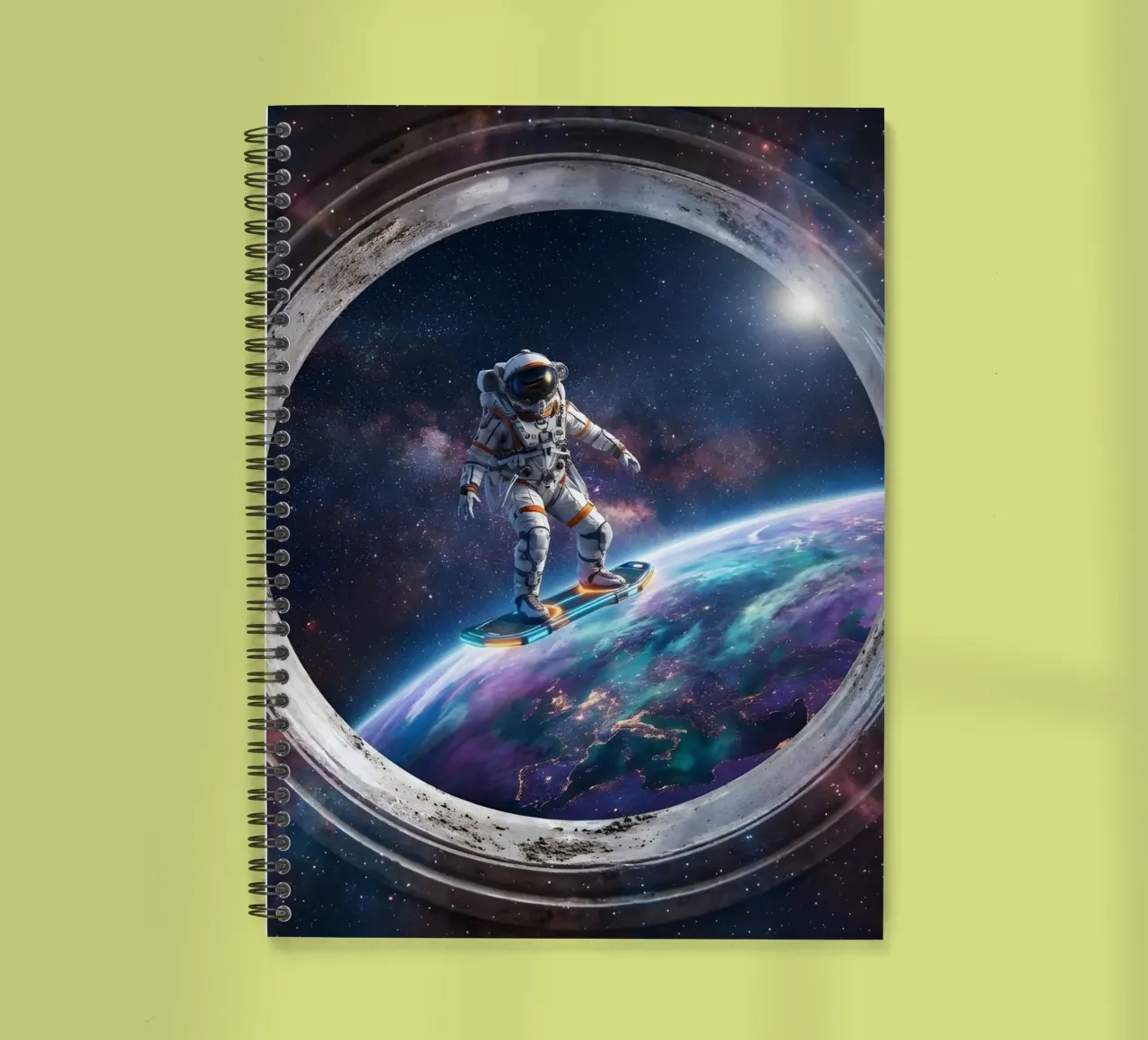 Astronaut Hoverboard in Space – Futuristic Sci-Fi Art Print spiral notebook by Dreamspace Visuals