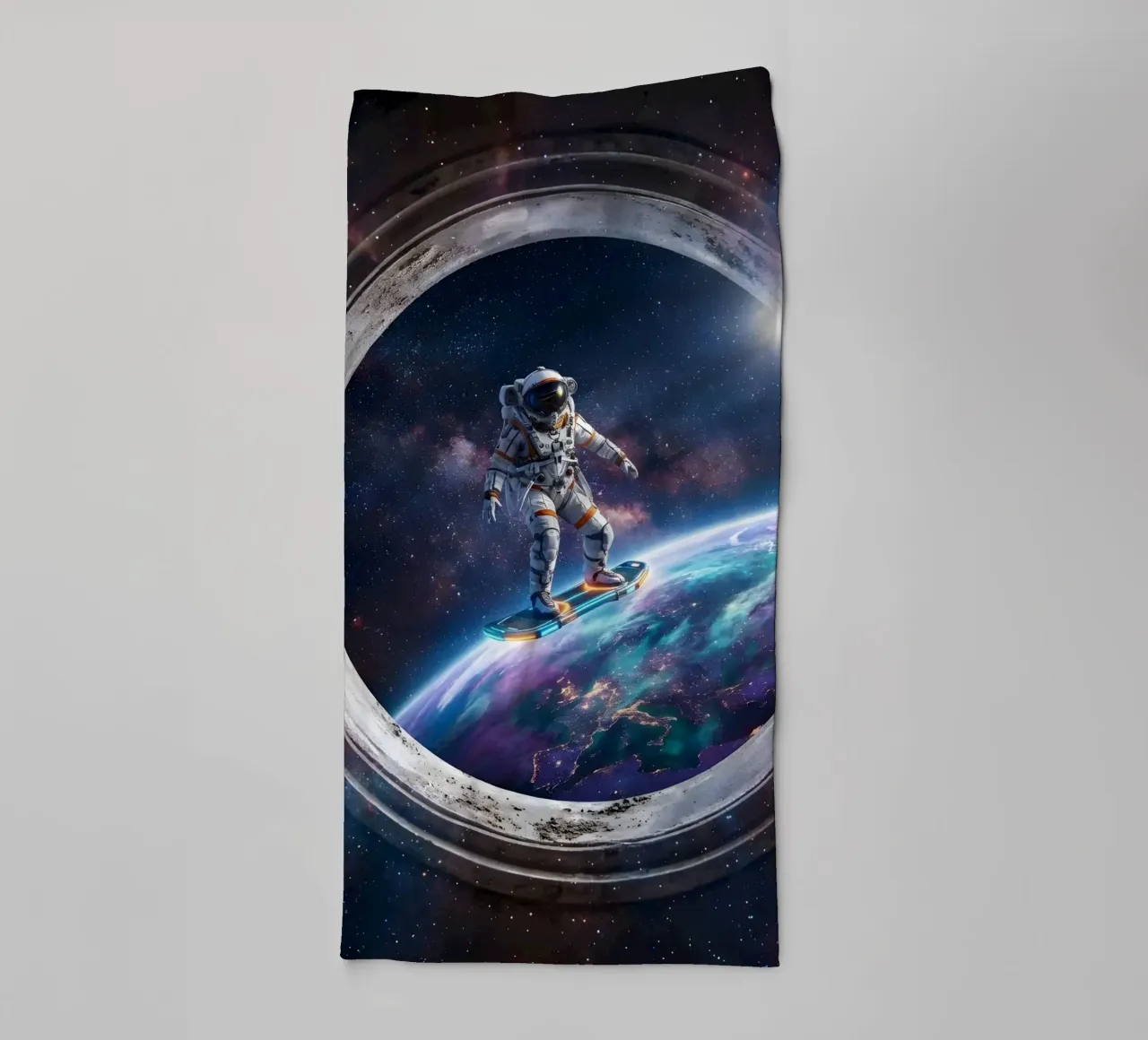 Astronaut Hoverboard in Space – Futuristic Sci-Fi Art Print towel by Dreamspace Visuals