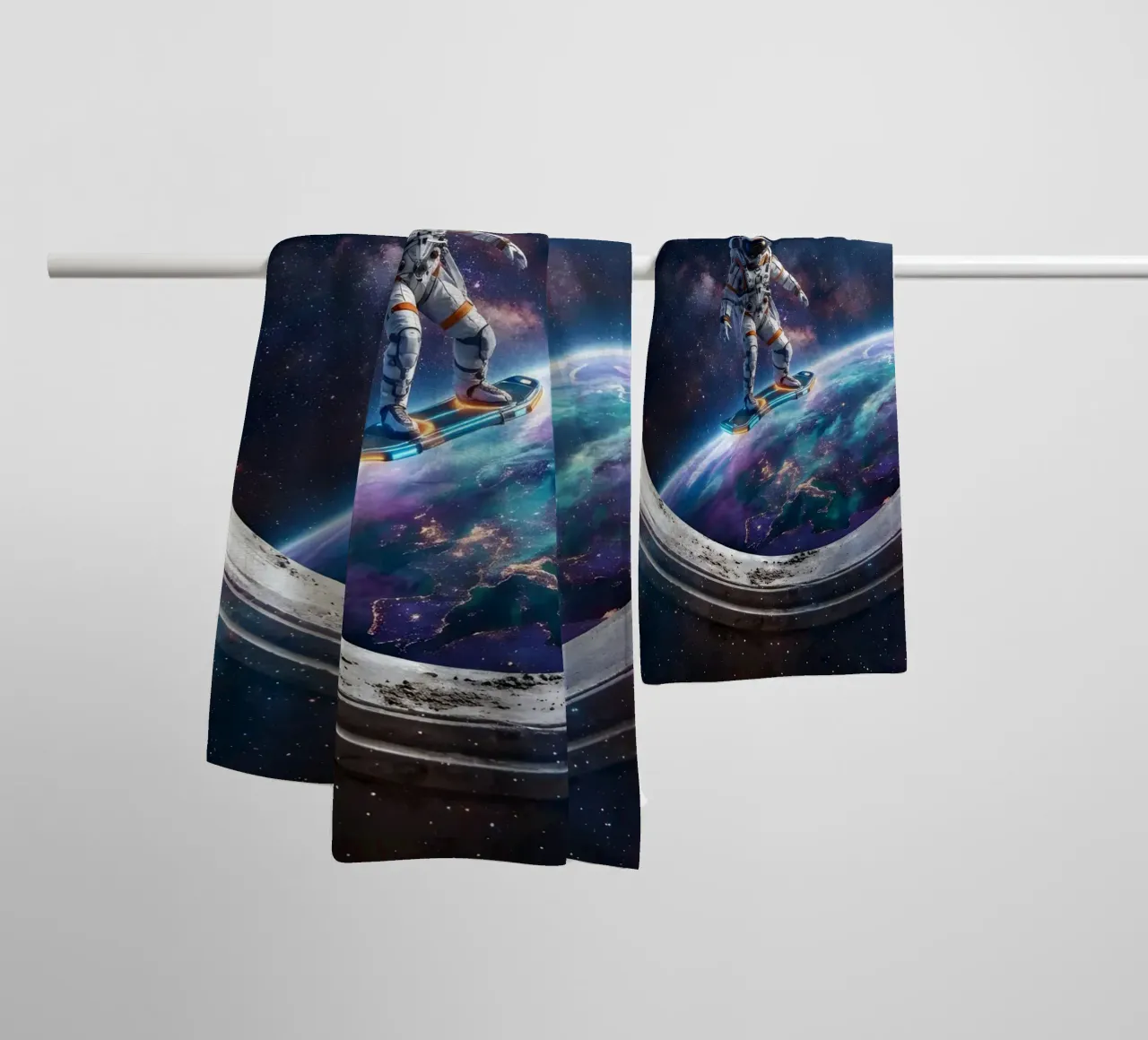Astronaut Hoverboard in Space – Futuristic Sci-Fi Art Print towel by Dreamspace Visuals
