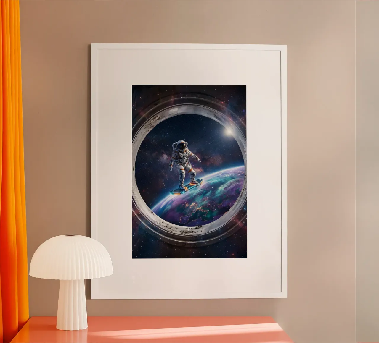 Astronaut Hoverboard in Space – Futuristic Sci-Fi Art Print hahnemühle by Dreamspace Visuals