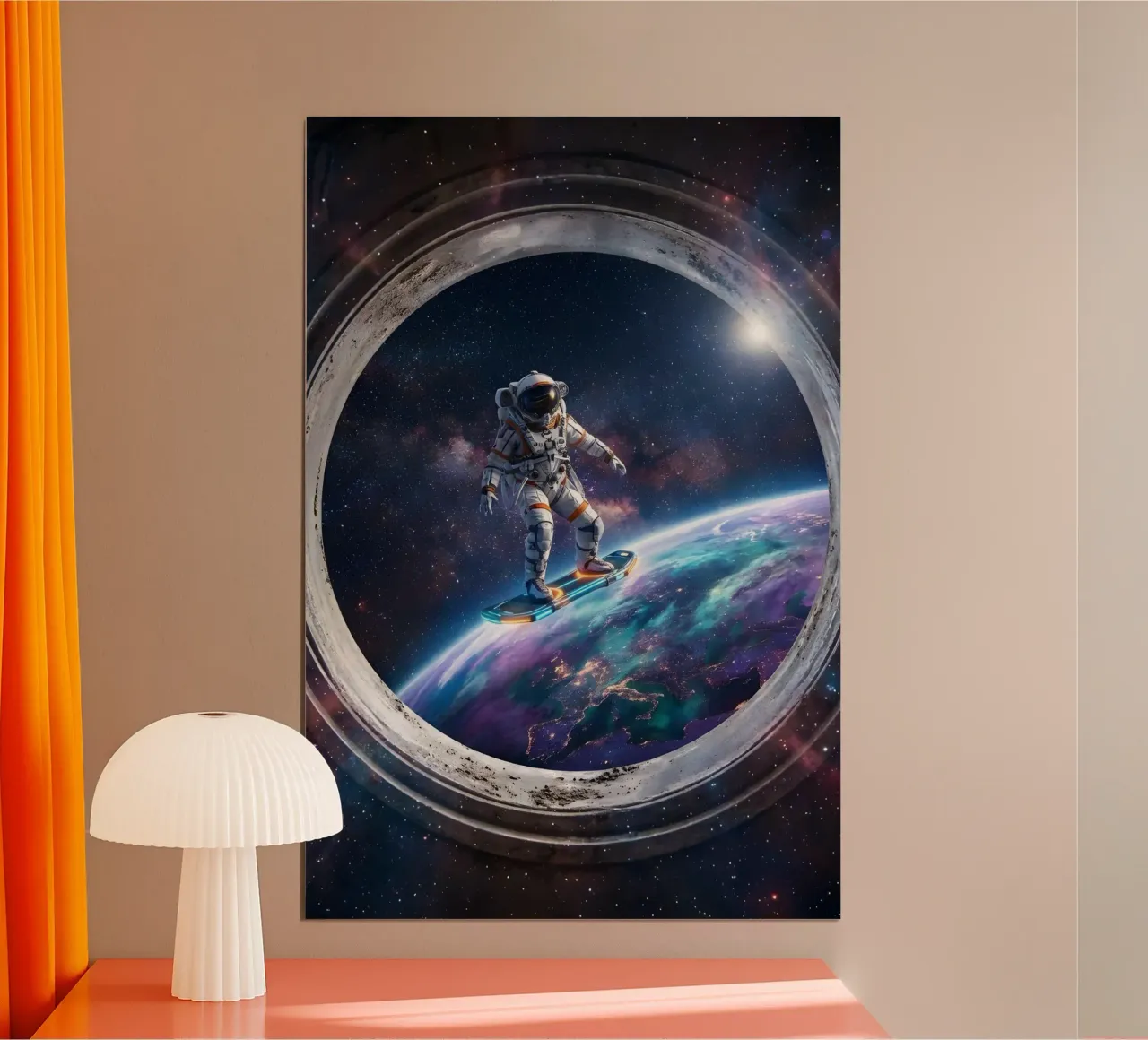 Astronaut Hoverboard in Space – Futuristic Sci-Fi Art Print hahnemühle by Dreamspace Visuals
