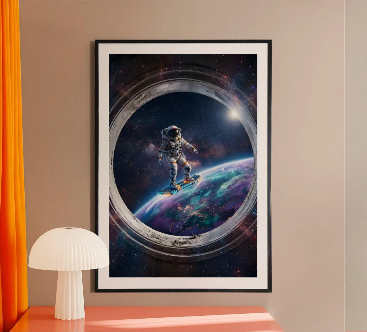 Astronaut Hoverboard in Space – Futuristic Sci-Fi Art Print hahnemühle by Dreamspace Visuals