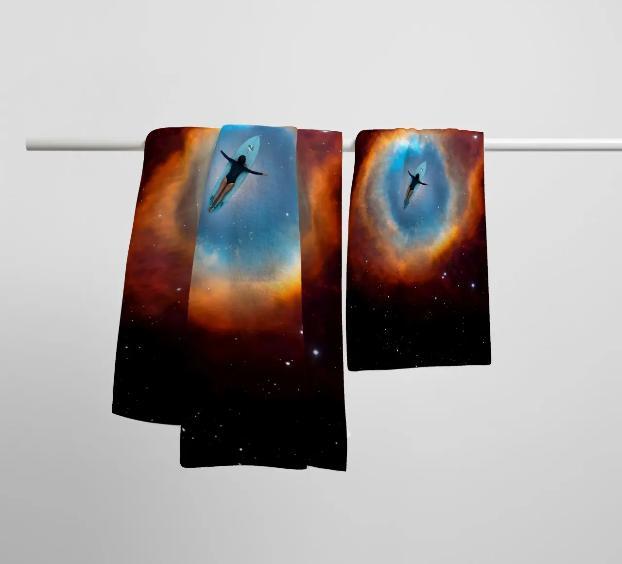 Surfer Floating Through Cosmic Nebula Portal towel by Dreamspace Visuals