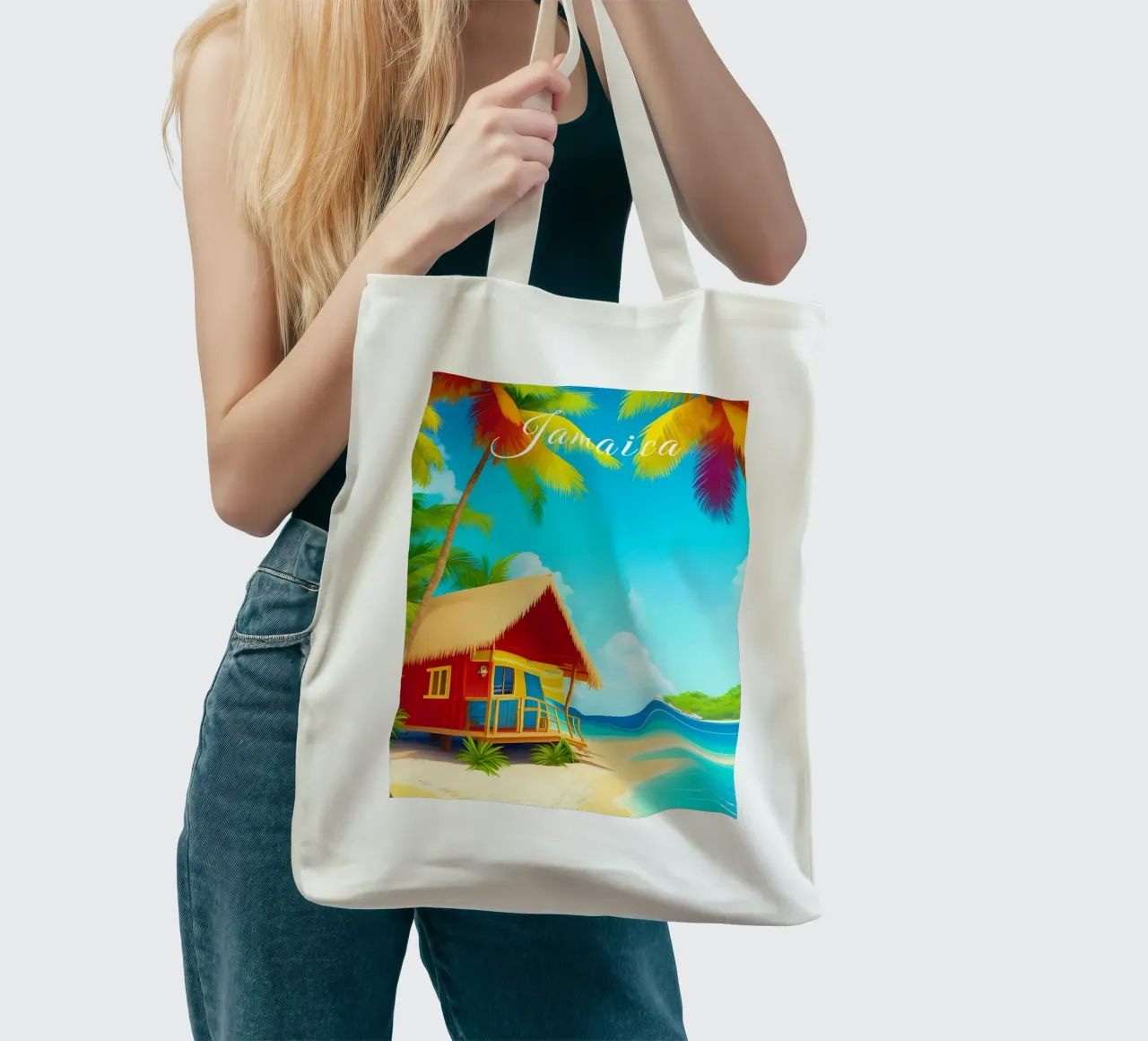 Scena di spiaggia tropicale in Giamaica borsa in juta da Charnwood Prints