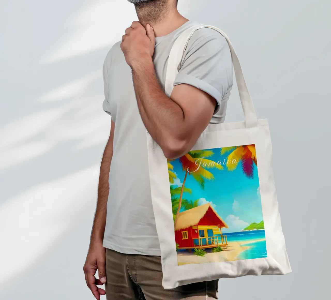 Scena di spiaggia tropicale in Giamaica borsa in juta da Charnwood Prints