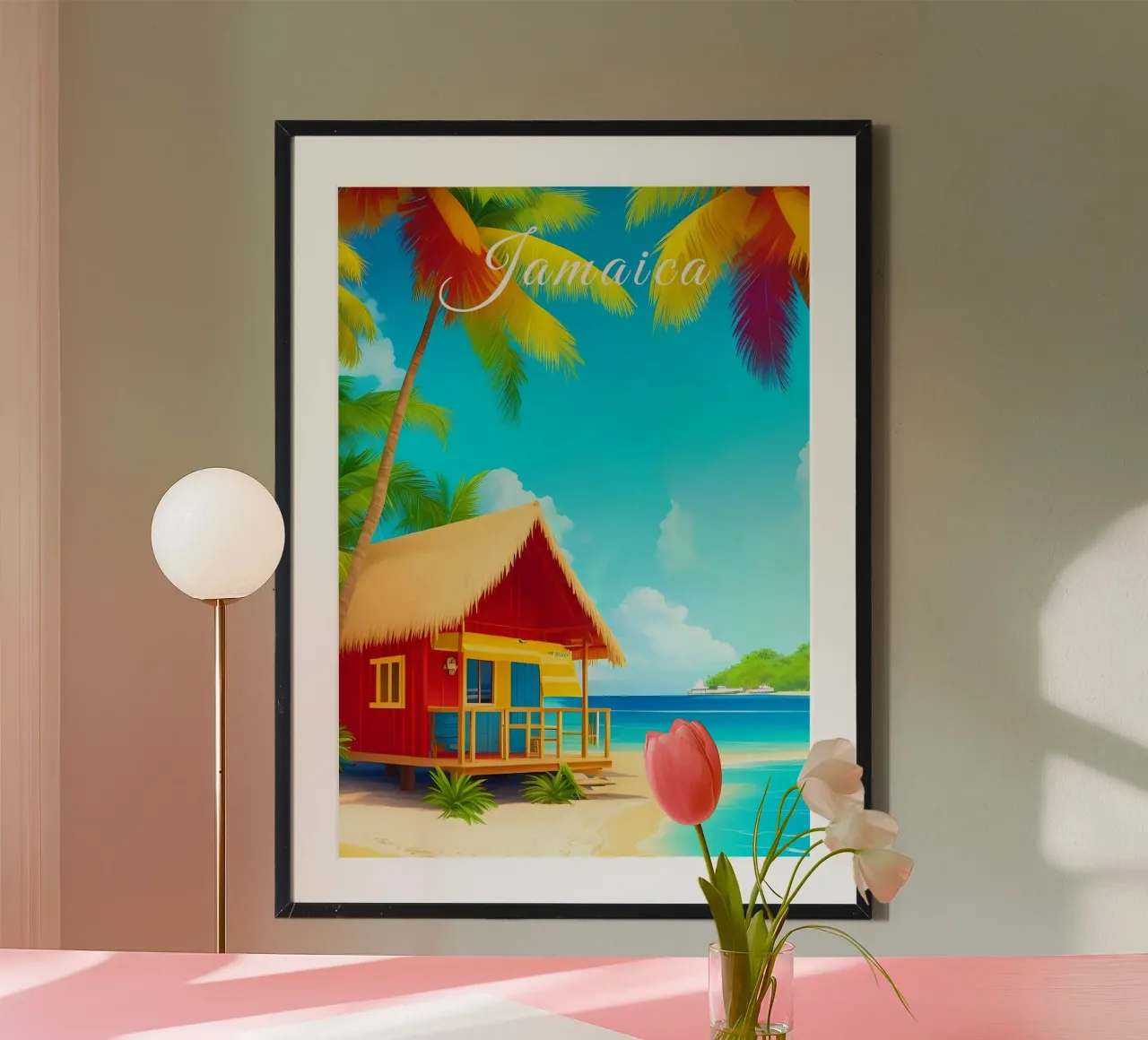 Scena di spiaggia tropicale in Giamaica poster con telaio in alluminio da Charnwood Prints