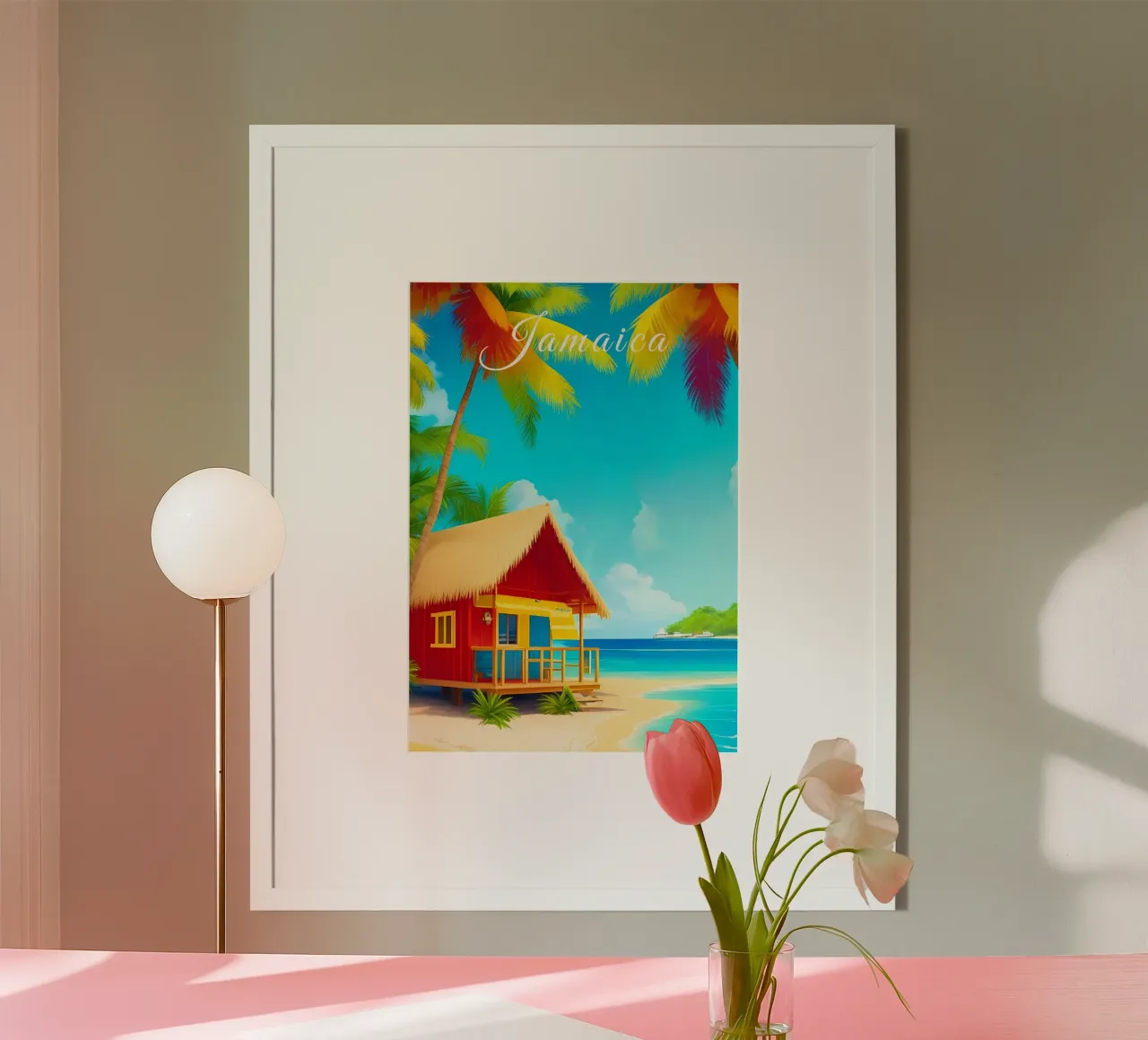 Scena di spiaggia tropicale in Giamaica poster con telaio in alluminio da Charnwood Prints