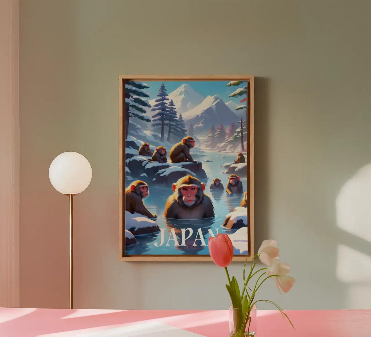 Japanese Macaques in Hot Springs Scene canvas with Floater frame by Charnwood Prints