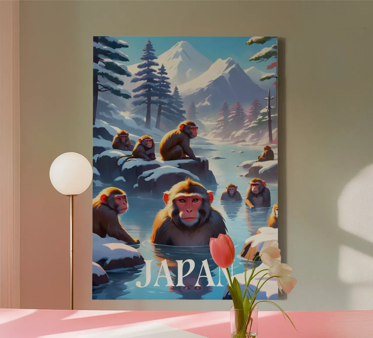 Japanese Macaques in Hot Springs Scene canvas with Floater frame by Charnwood Prints