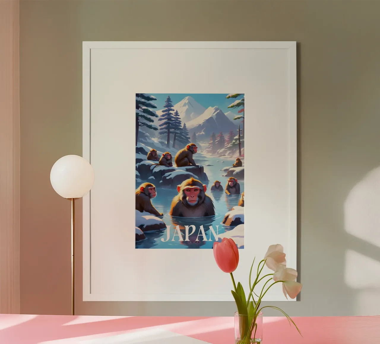 Macachi giapponesi in scena a Hot Springs poster con telaio in plastica da Charnwood Prints