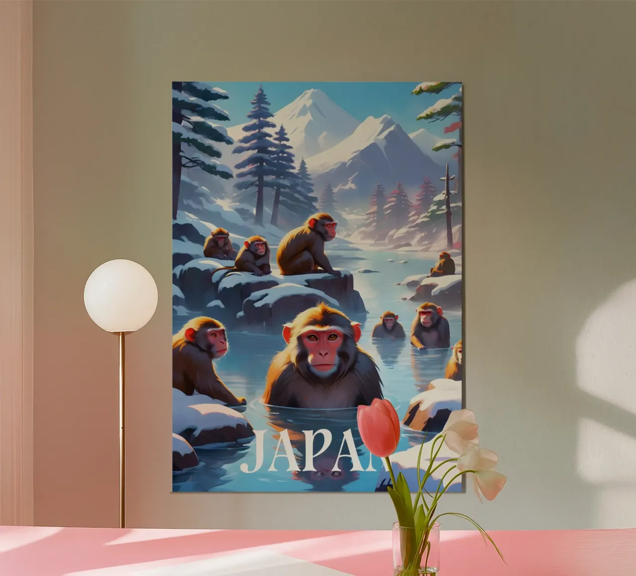 Macachi giapponesi in scena a Hot Springs poster con telaio in plastica da Charnwood Prints