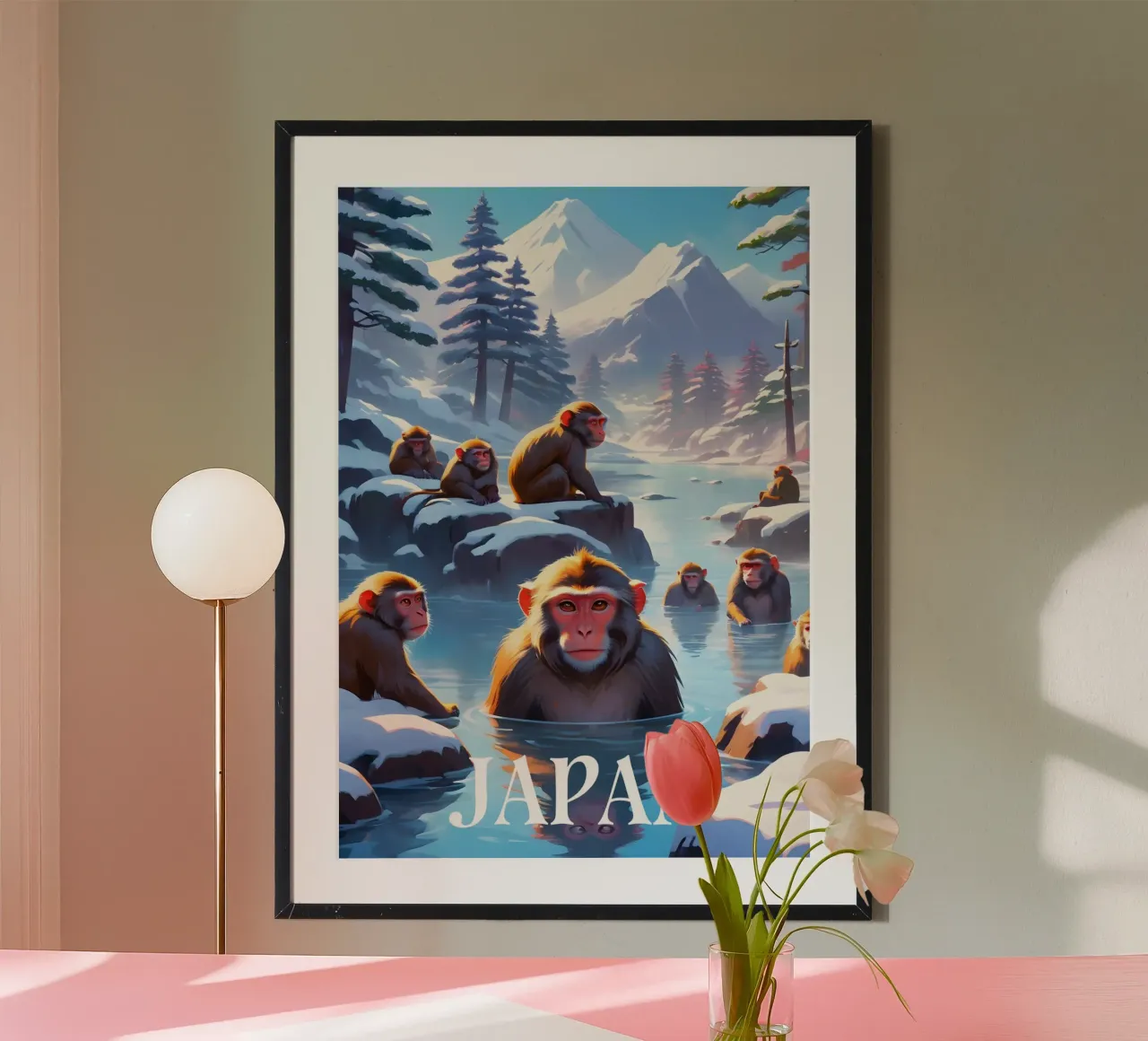 Macachi giapponesi in scena a Hot Springs poster con telaio in plastica da Charnwood Prints