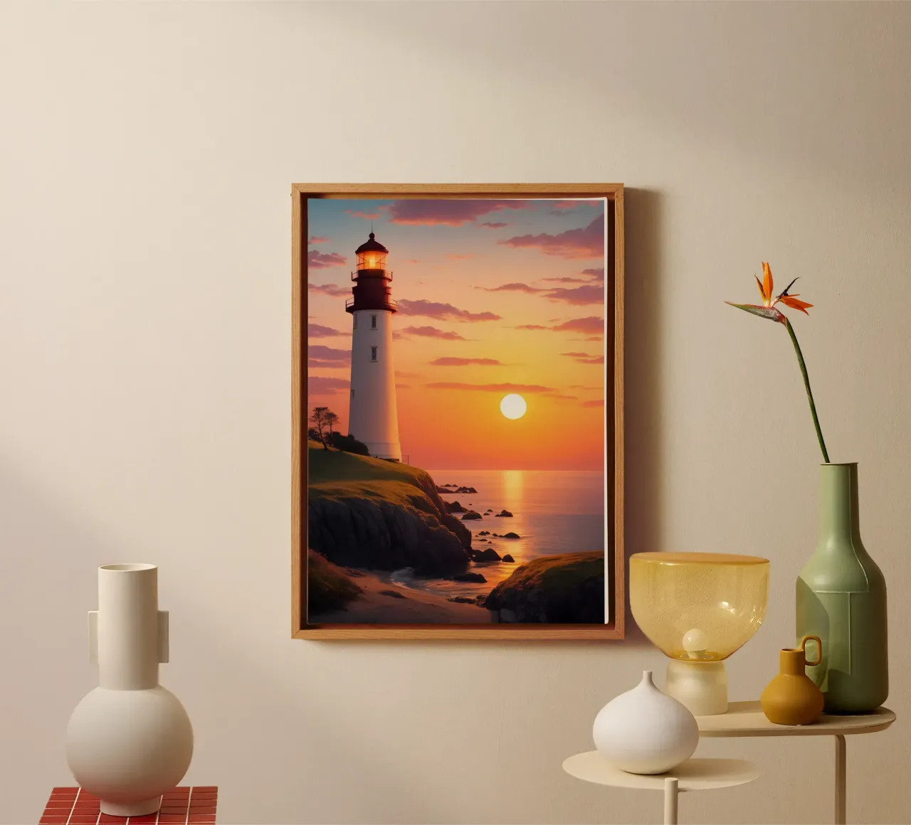 Lighthouse at Sunset Scene canvas with Floater frame by Charnwood Prints