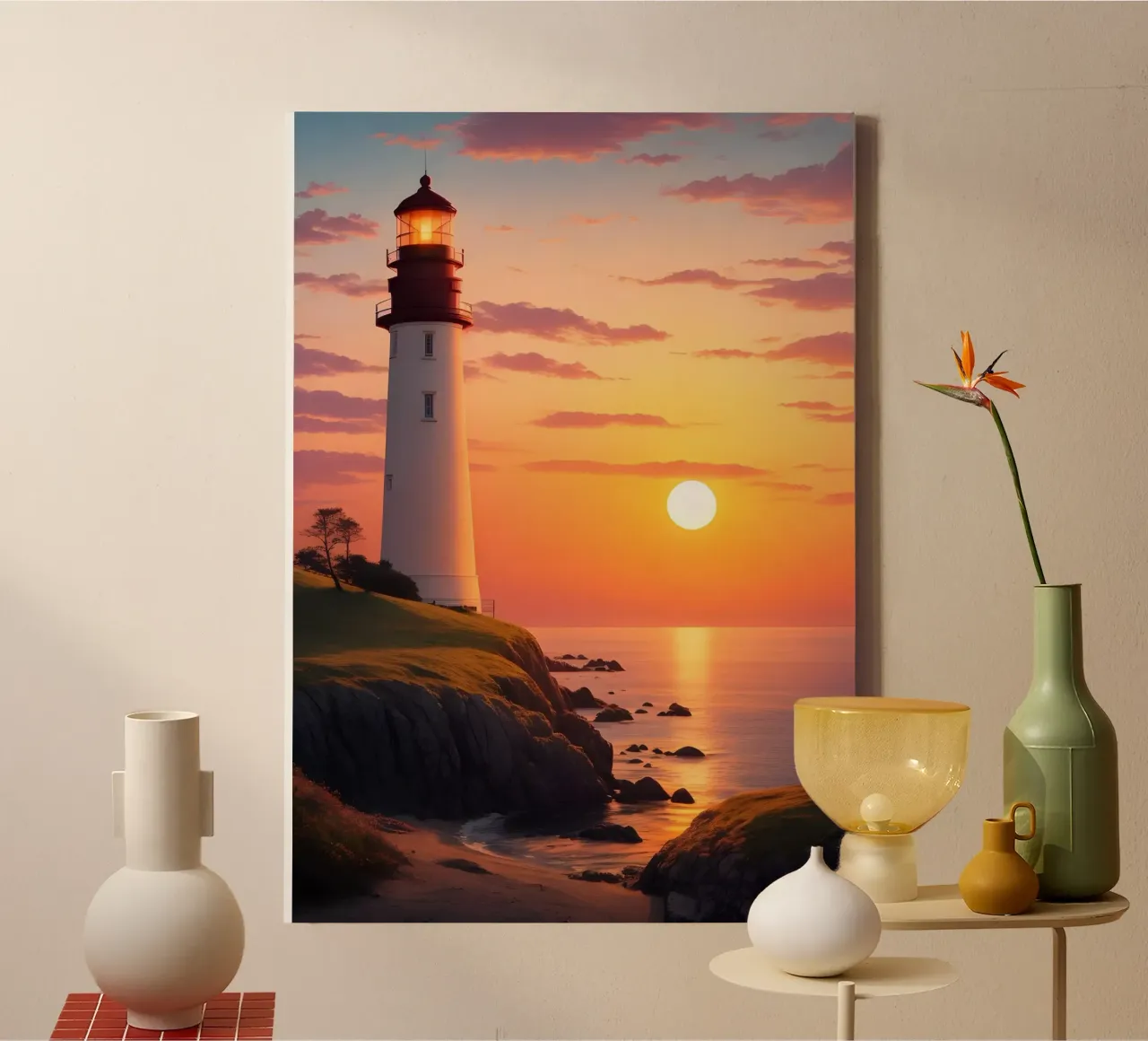 Lighthouse at Sunset Scene canvas with Floater frame by Charnwood Prints
