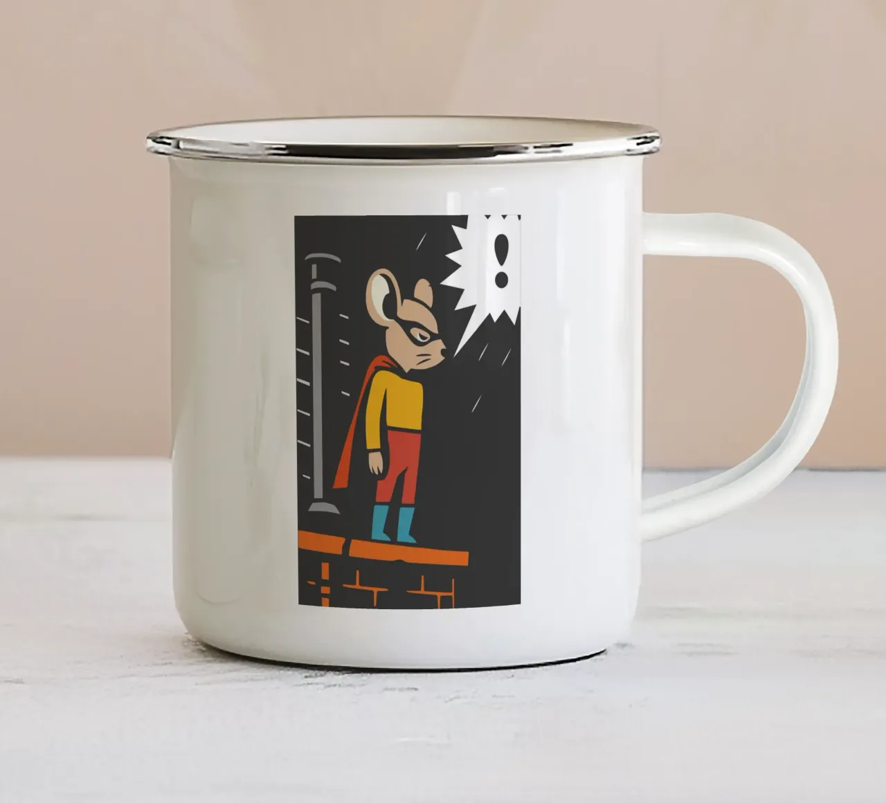 Topo supereroe in stile fumetto sul tetto di notte tazza in smalto da nanosh