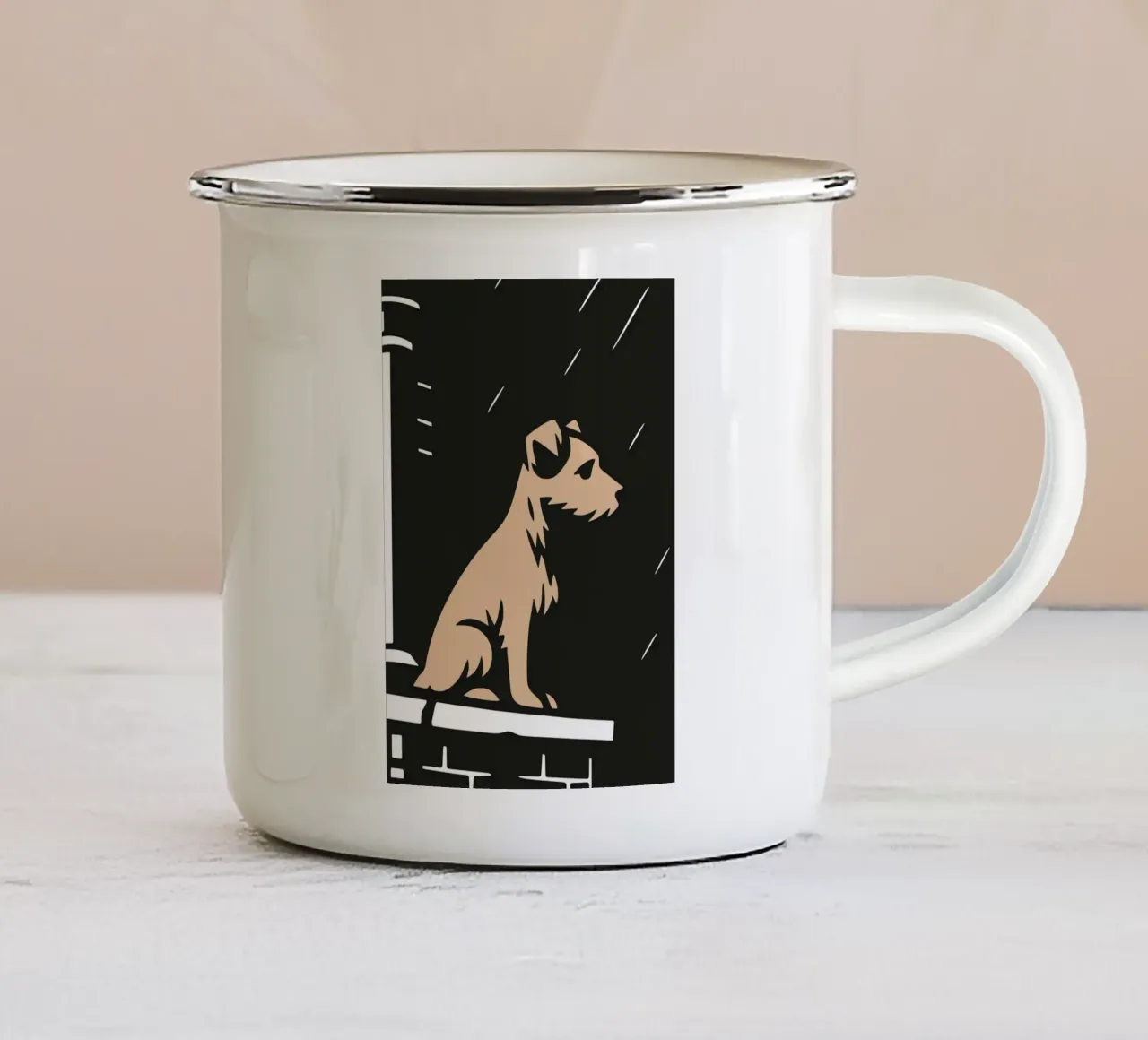 Cane sotto la pioggia sul tetto in un disegno comico stilizzato tazza in smalto da nanosh