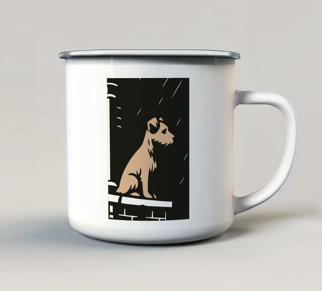 Cane sotto la pioggia sul tetto in un disegno comico stilizzato tazza in smalto da nanosh