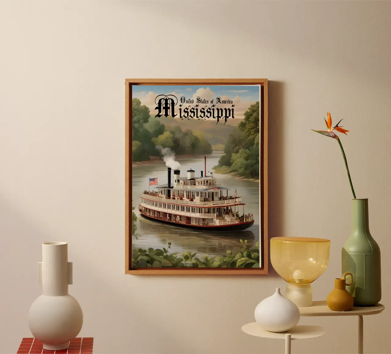 Mississippi Paddle Steamer Scene tela con Cornice a cassetta da Charnwood Prints