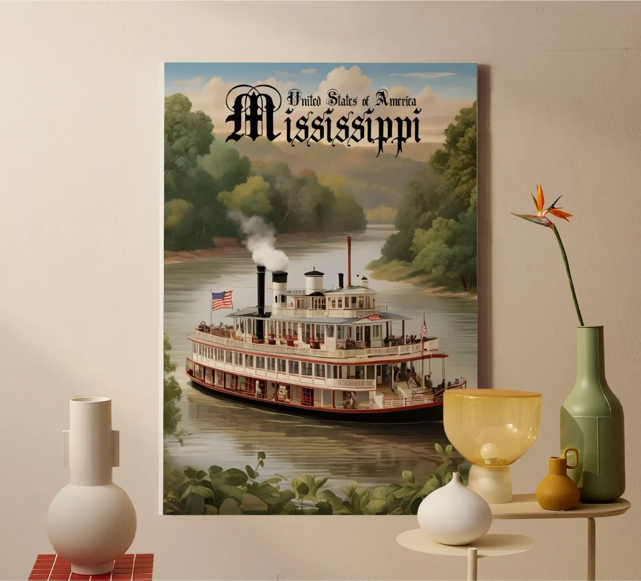 Mississippi Paddle Steamer Scene tela con Cornice a cassetta da Charnwood Prints