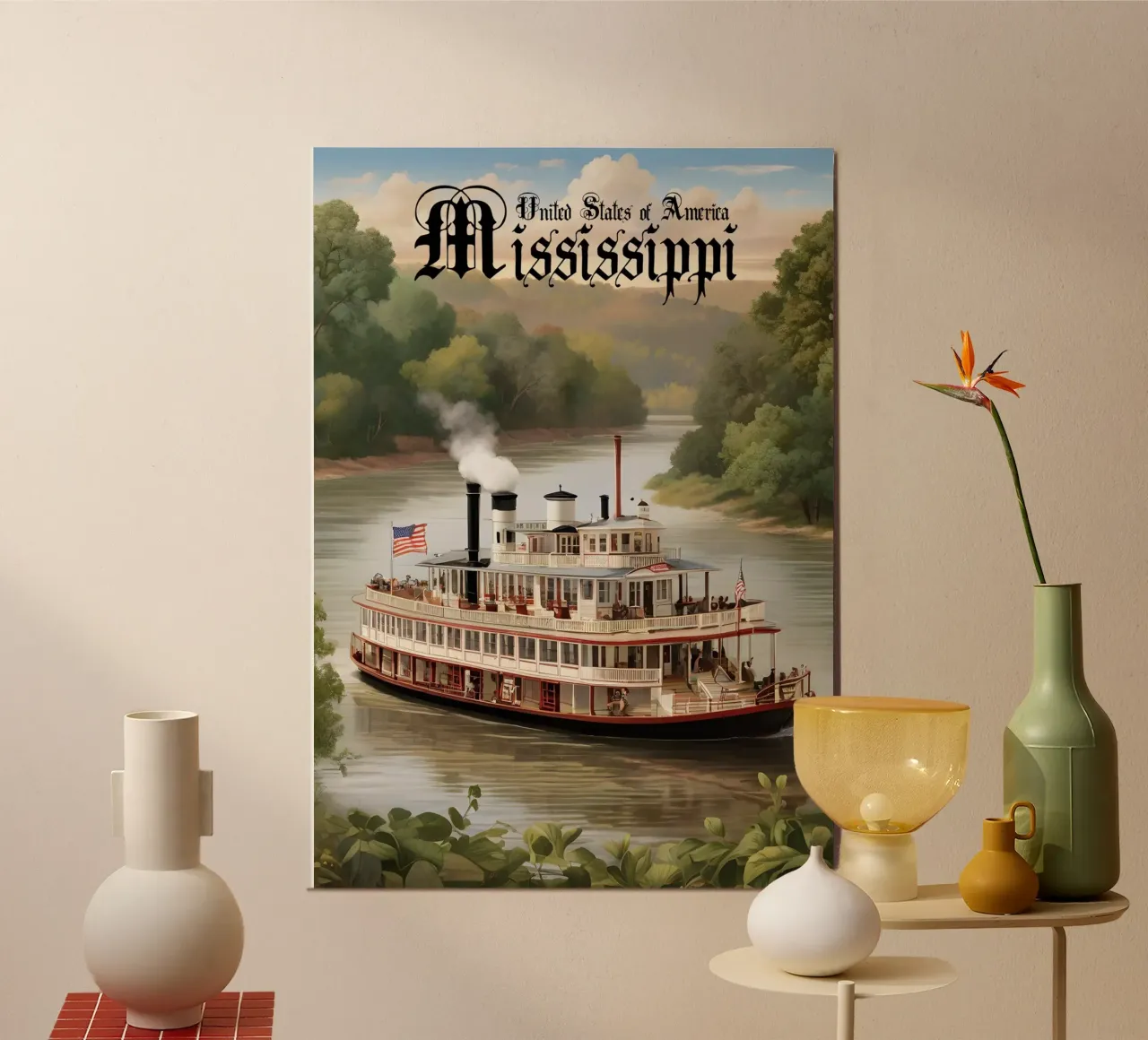 Mississippi Paddle Steamer Scene poster da Charnwood Prints