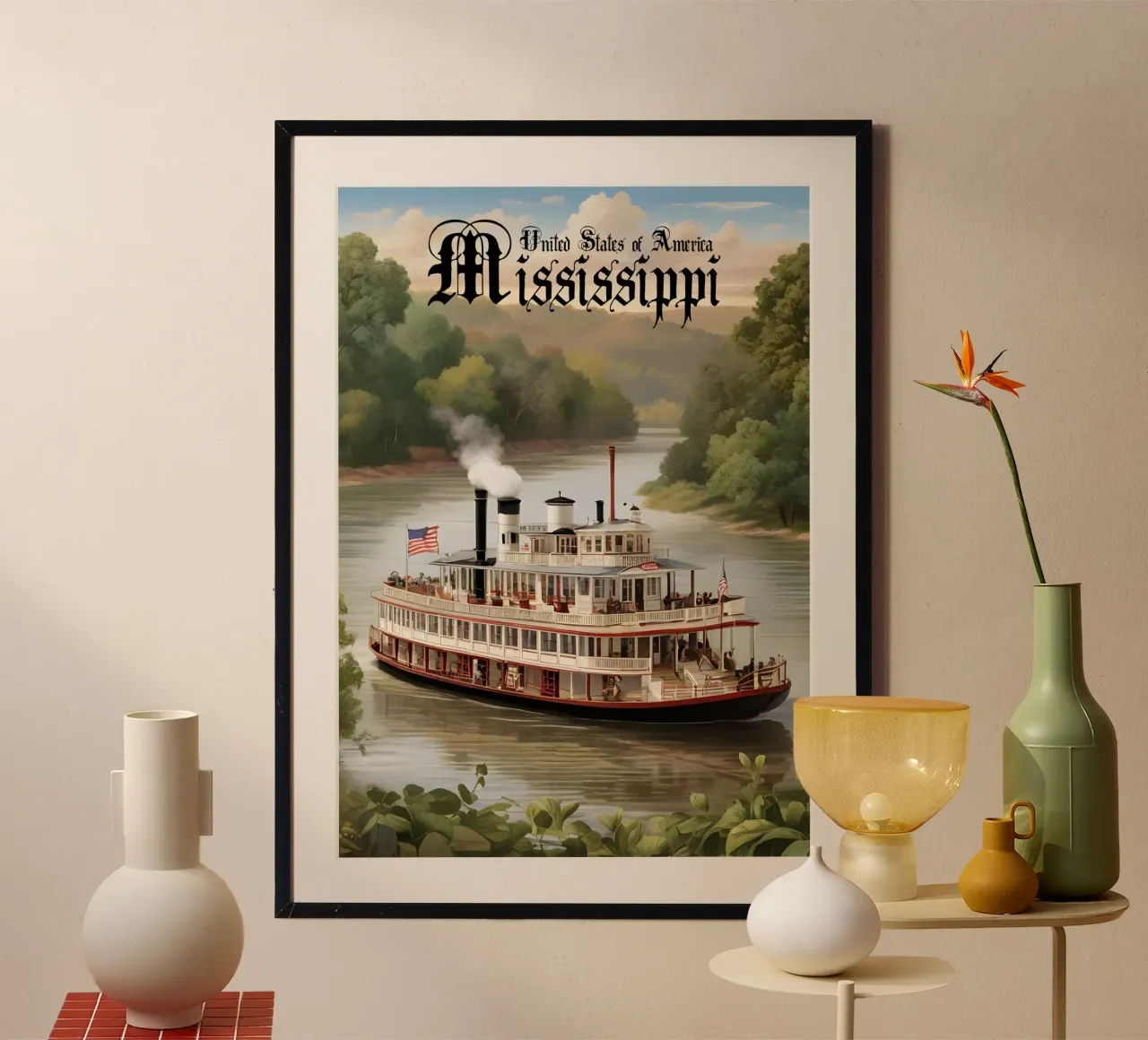 Mississippi Paddle Steamer Scene poster da Charnwood Prints