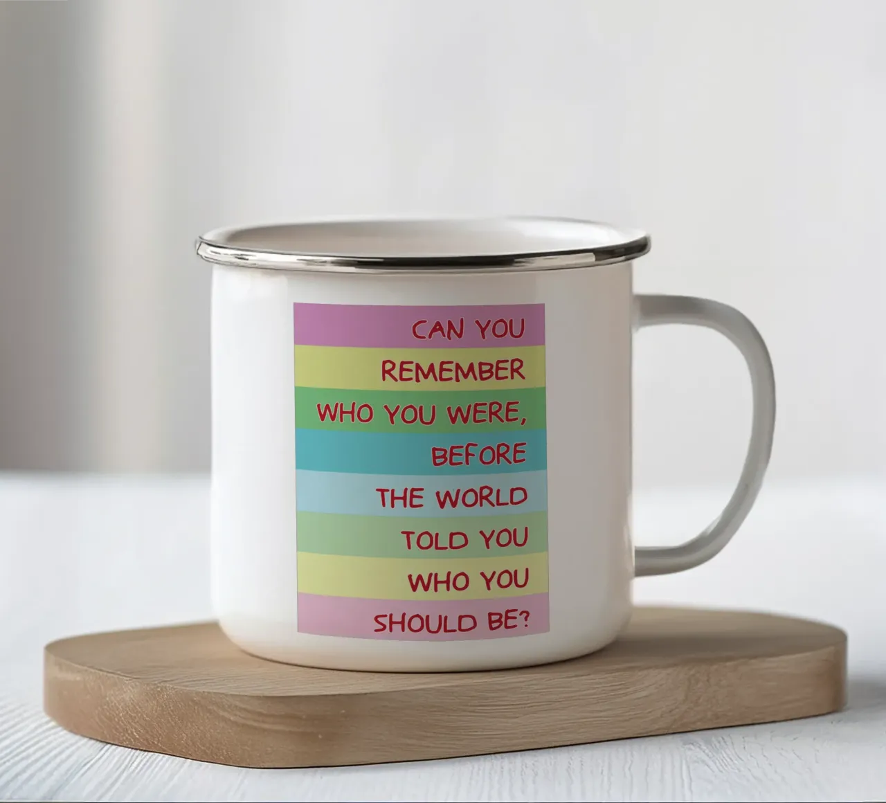 riesci a ricordare chi sei? tazza in smalto da bougenfille