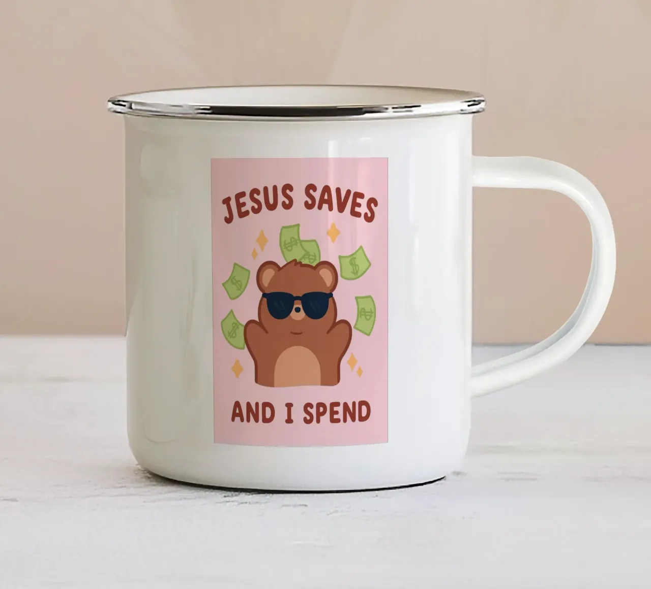 Gesù risparmia e io spendo tazza in smalto da bougenfille