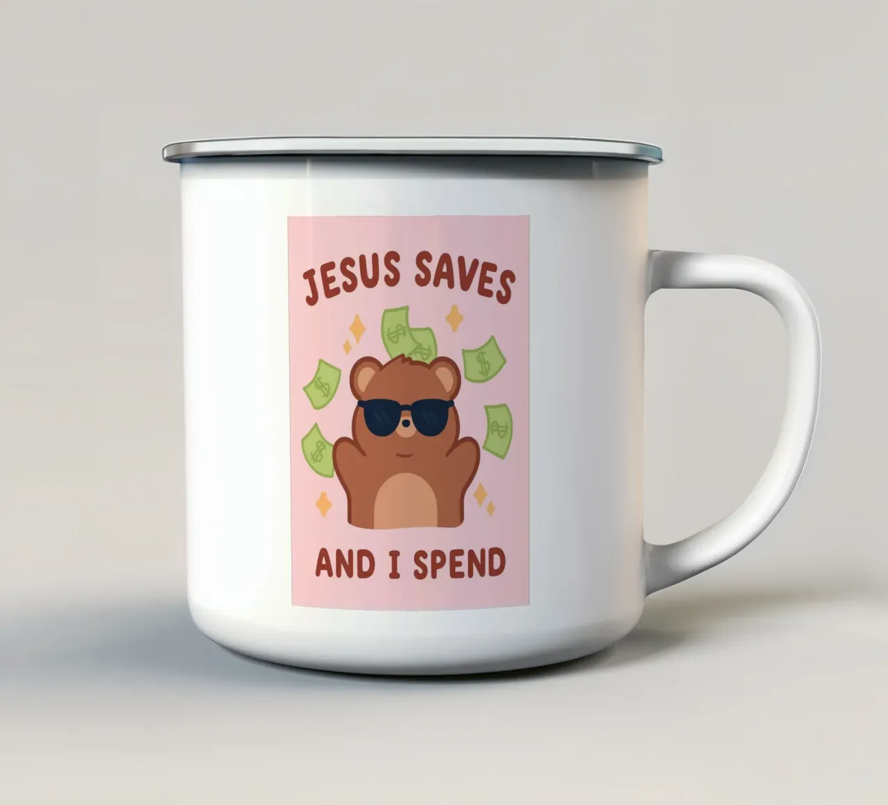 Gesù risparmia e io spendo tazza in smalto da bougenfille