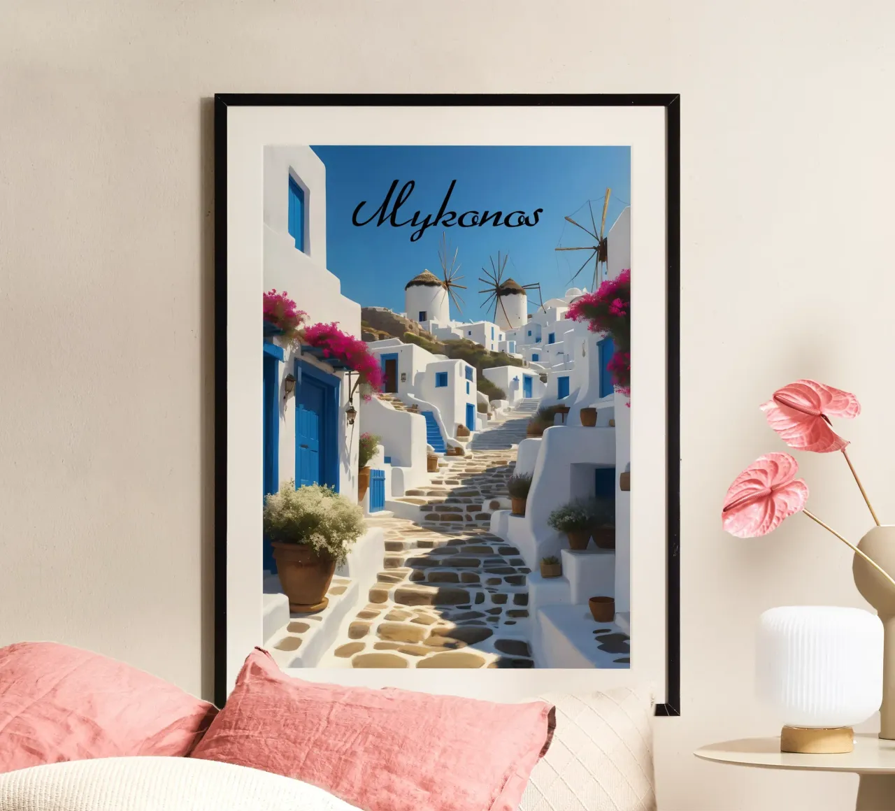 Scena di Mykonos poster con telaio in plastica da Charnwood Prints
